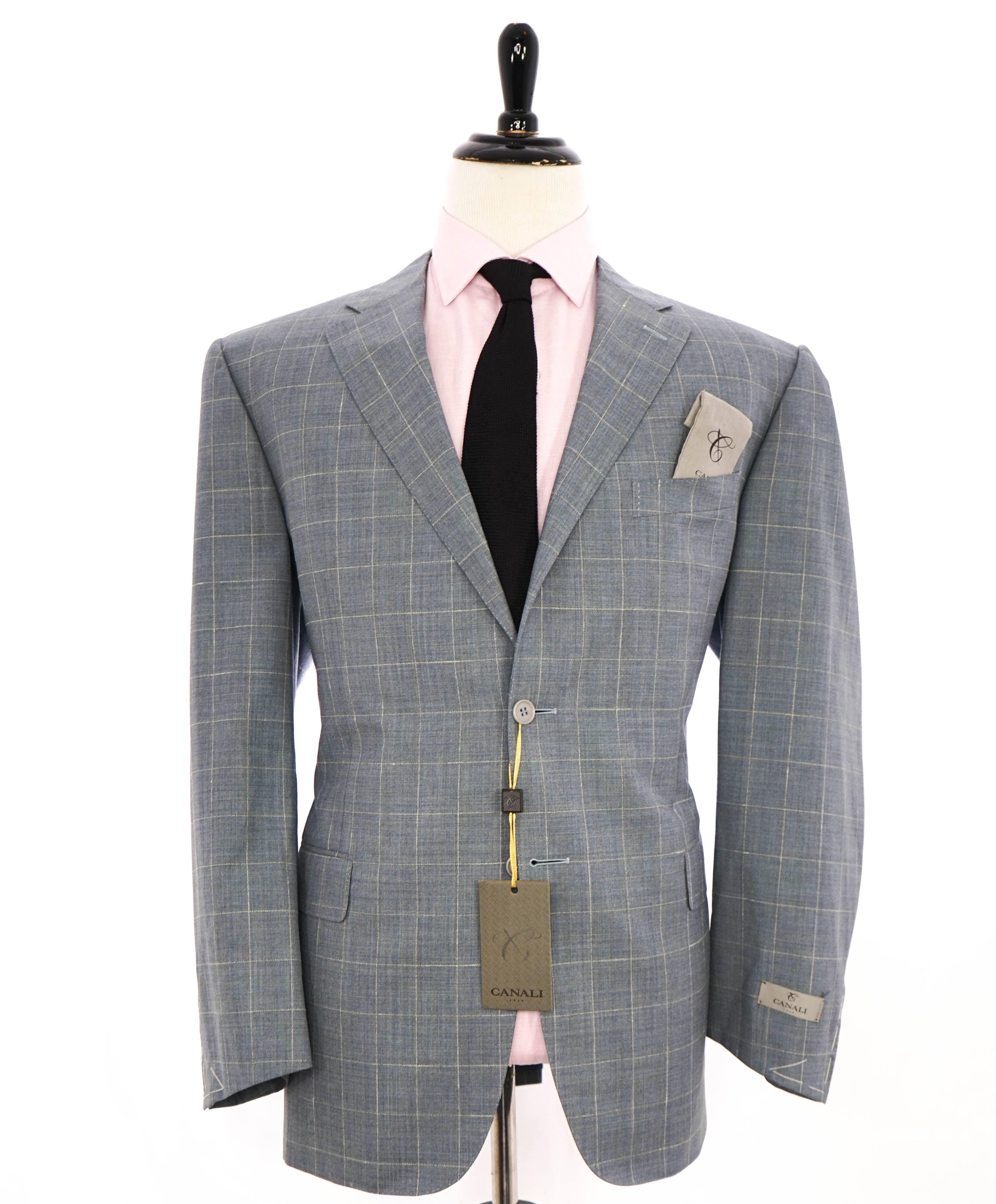 $1,895 CANALI - Baby Blue / Ivory Windowpane Check Blazer - 48R