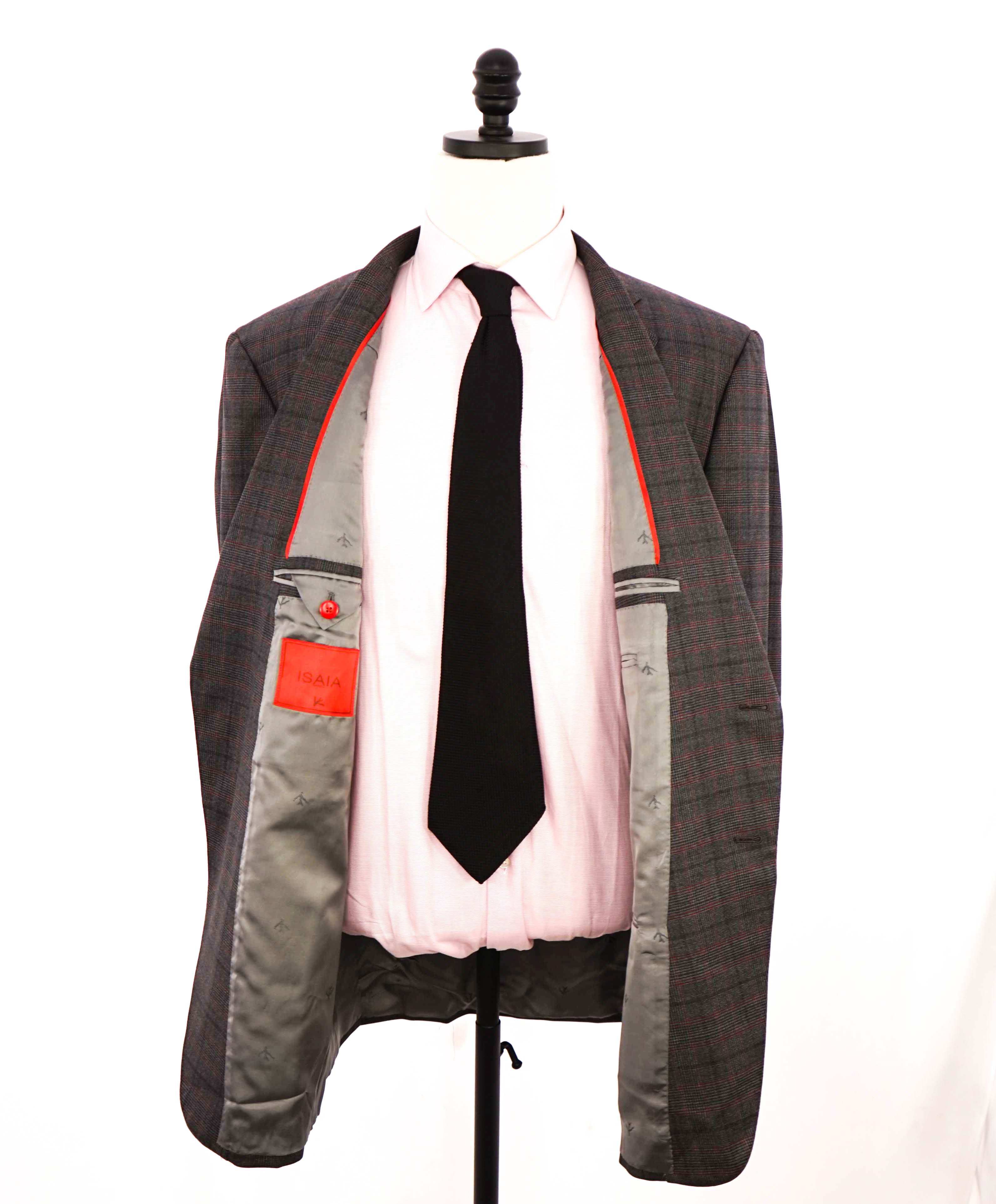 $2,995 ISAIA - Pure Wool *DELAIN SSELECT 140'S* Gray/Red Check Blazer - 50L