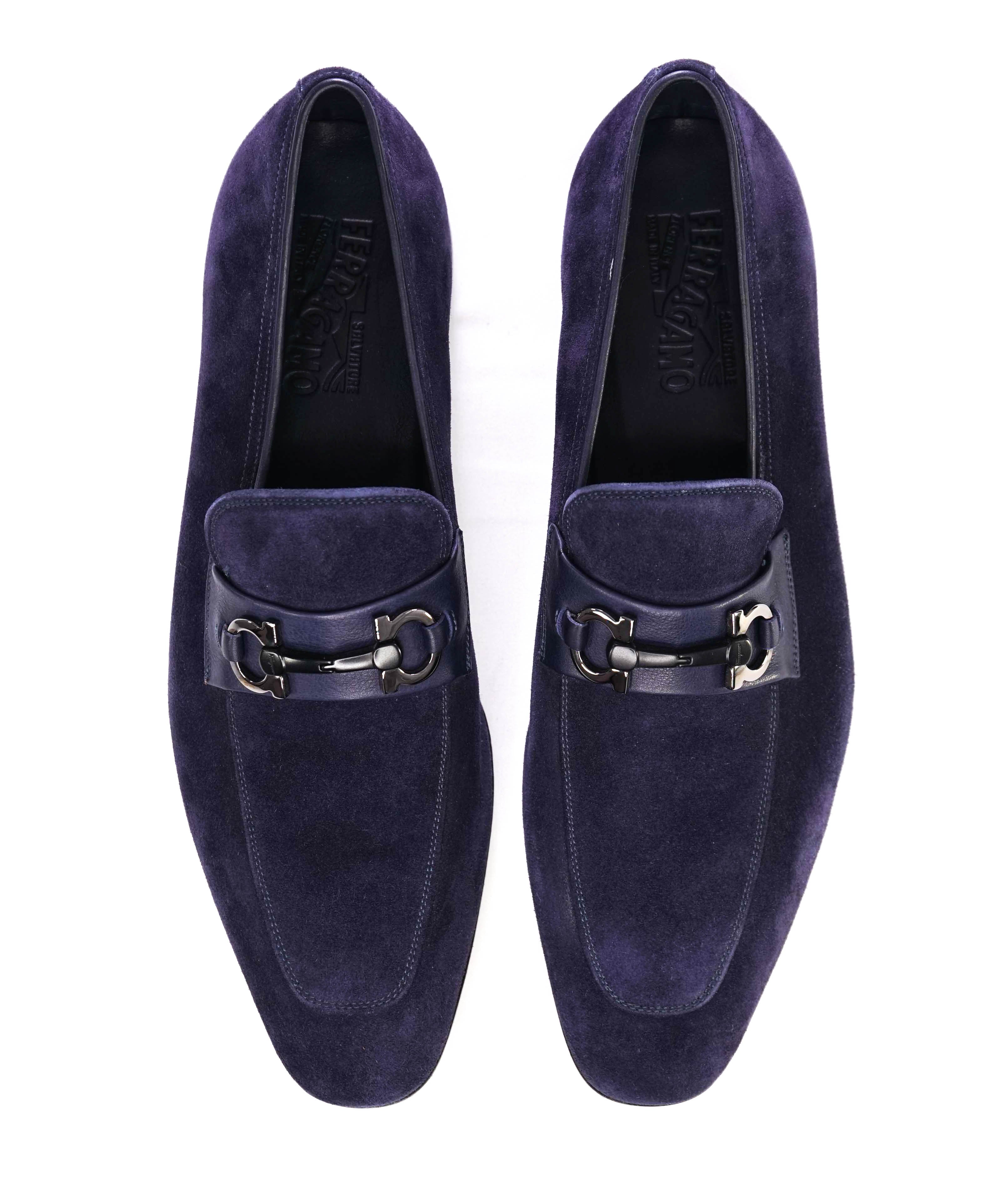 $850 SALVATORE FERRAGAMO - “CREMONA” Blue Suede Gancini Slip-On Loafer - 12 E