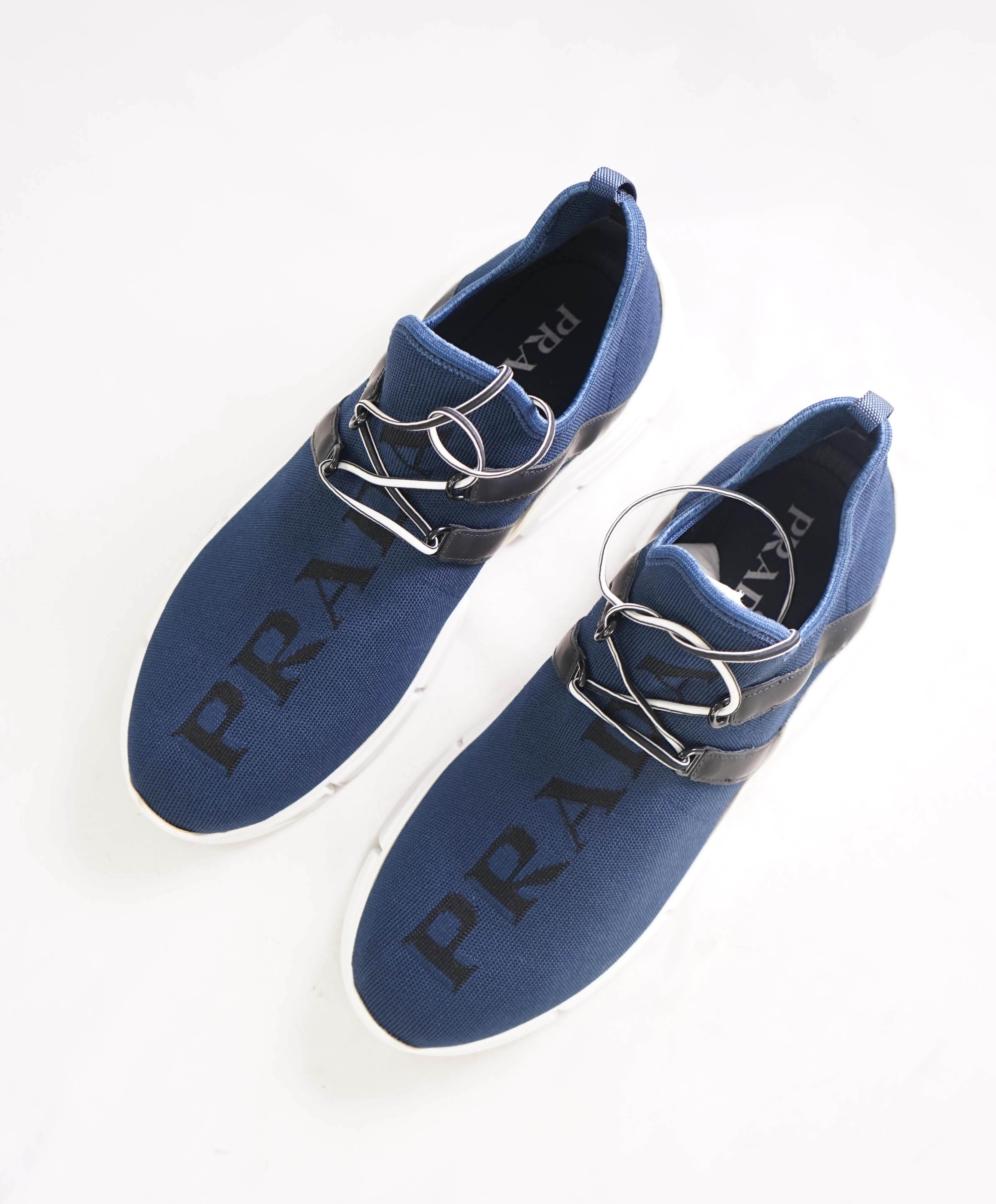 $950 PRADA - Knit Blue/White Logo Slip-On Loafers Sneaker - 9 US (8 IT)