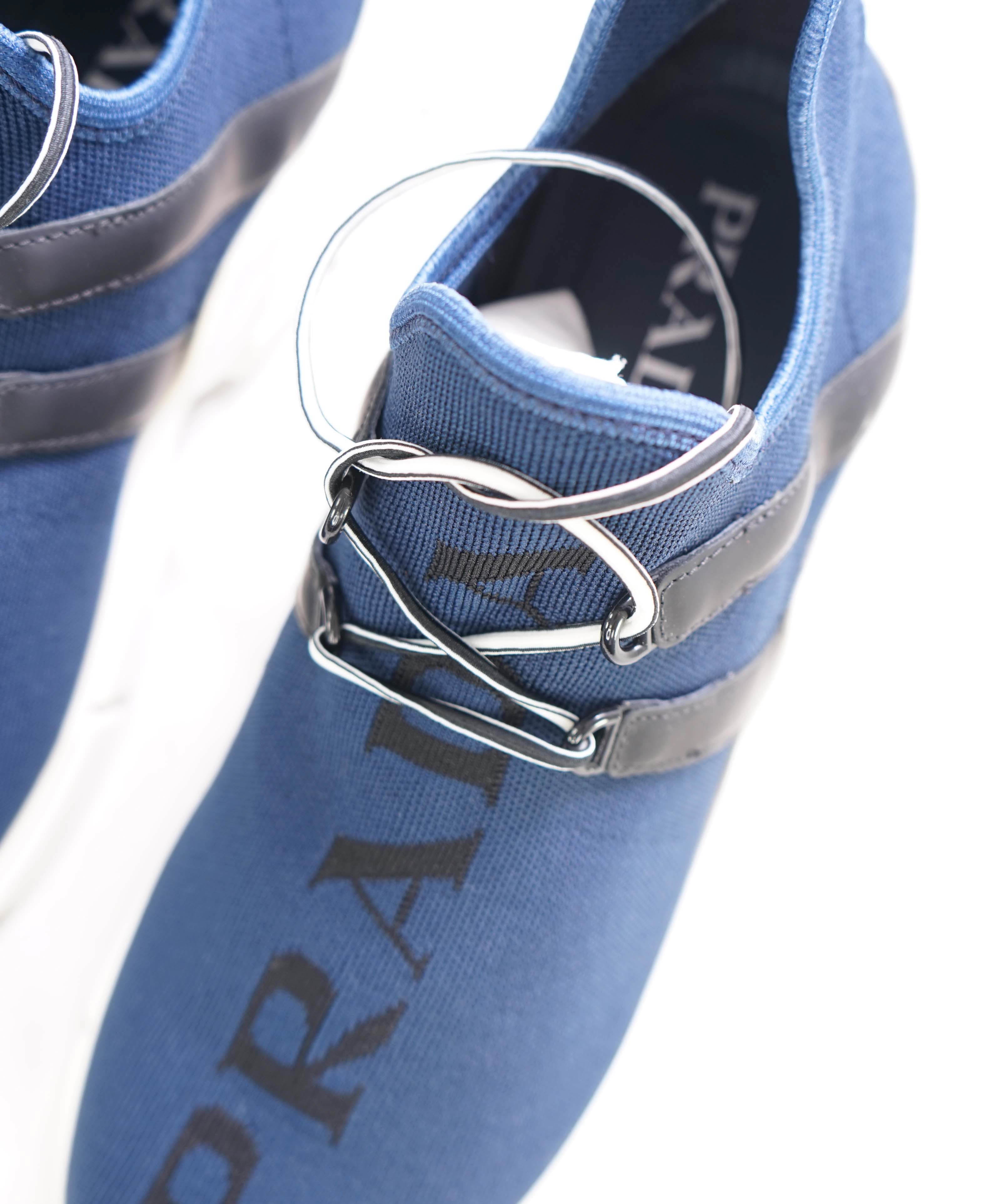 $950 PRADA - Knit Blue/White Logo Slip-On Loafers Sneaker - 9 US (8 IT)