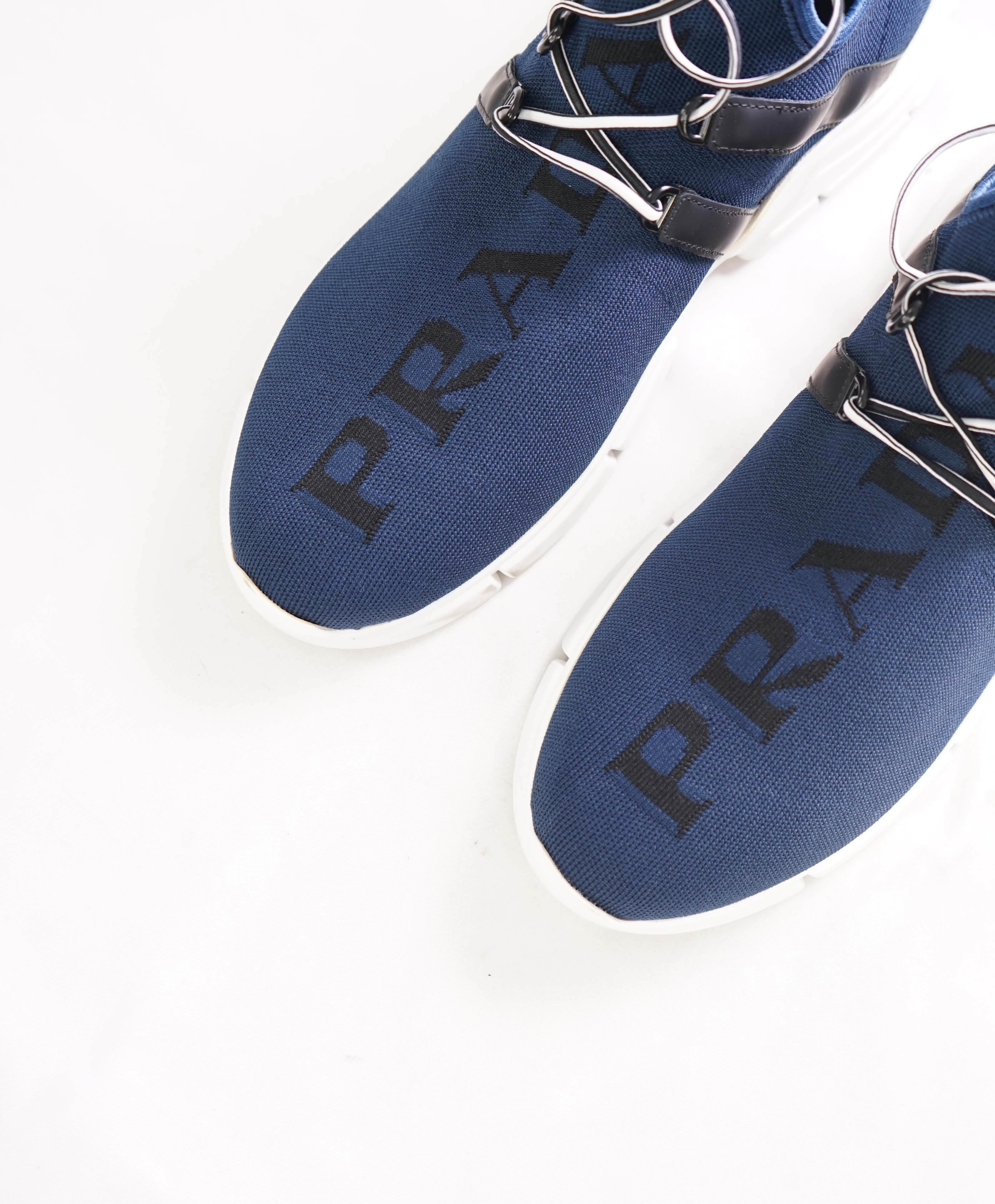 $950 PRADA - Knit Blue/White Logo Slip-On Loafers Sneaker - 9 US (8 IT)