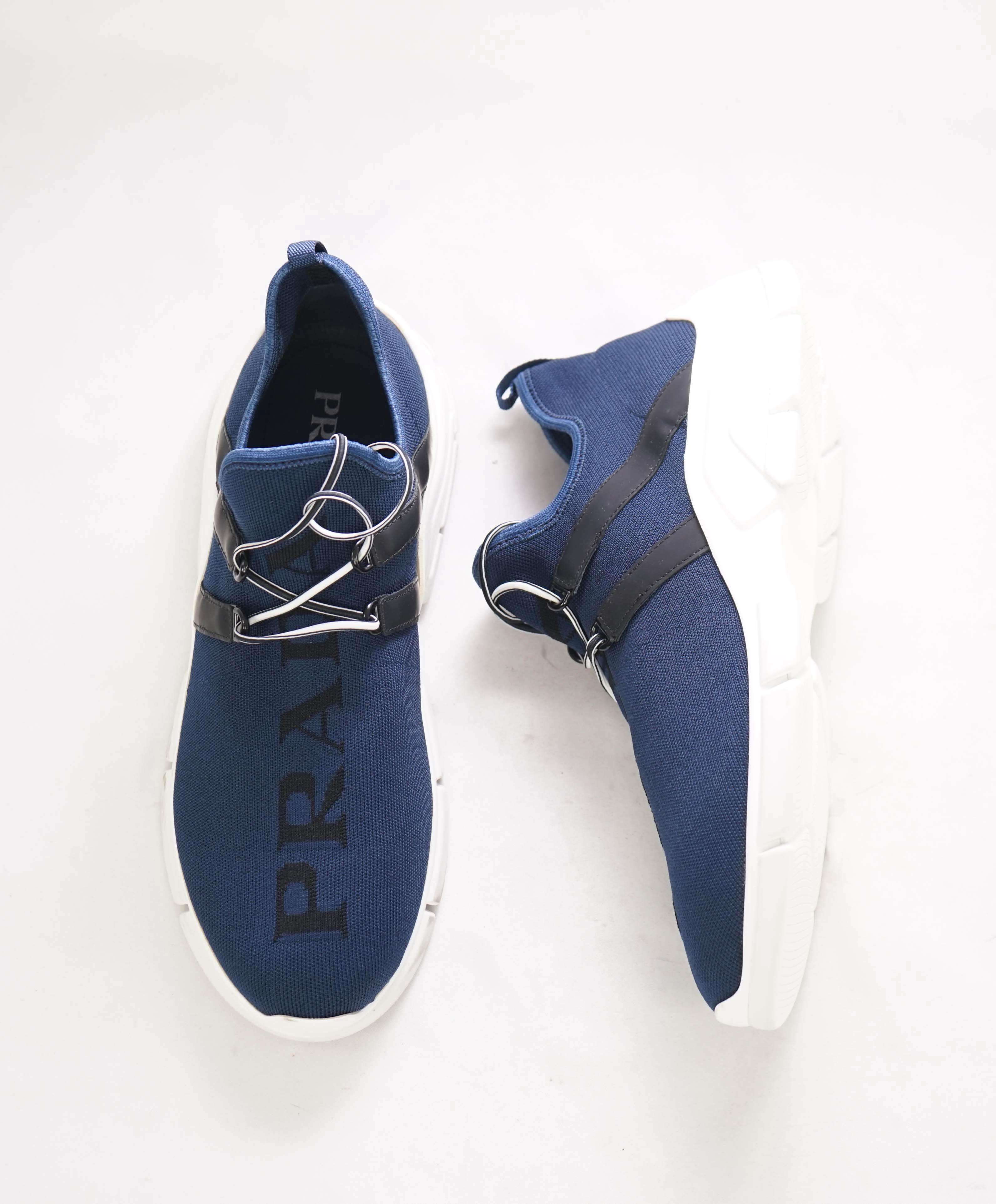 $950 PRADA - Knit Blue/White Logo Slip-On Loafers Sneaker - 9 US (8 IT)