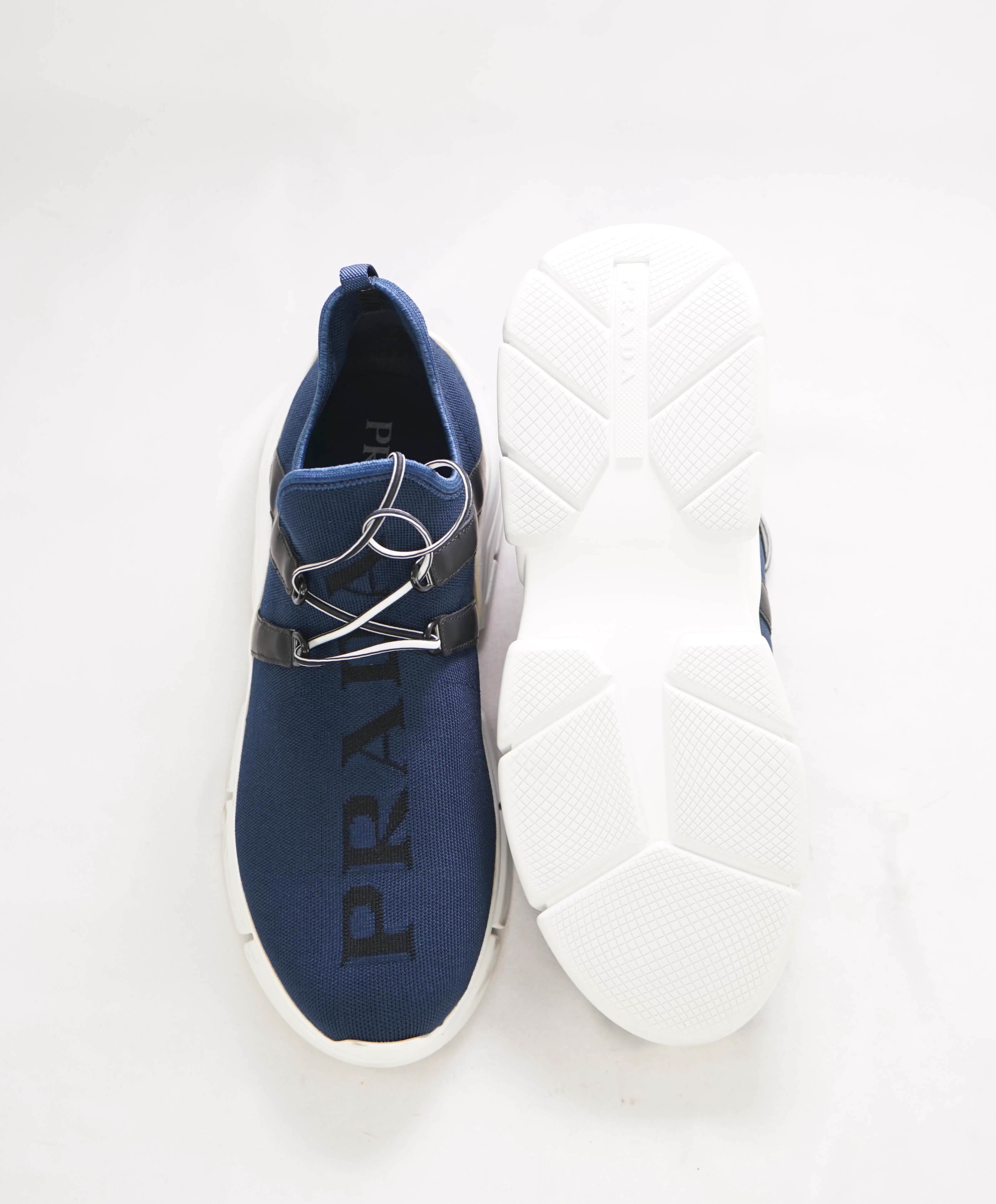 $950 PRADA - Knit Blue/White Logo Slip-On Loafers Sneaker - 9 US (8 IT)