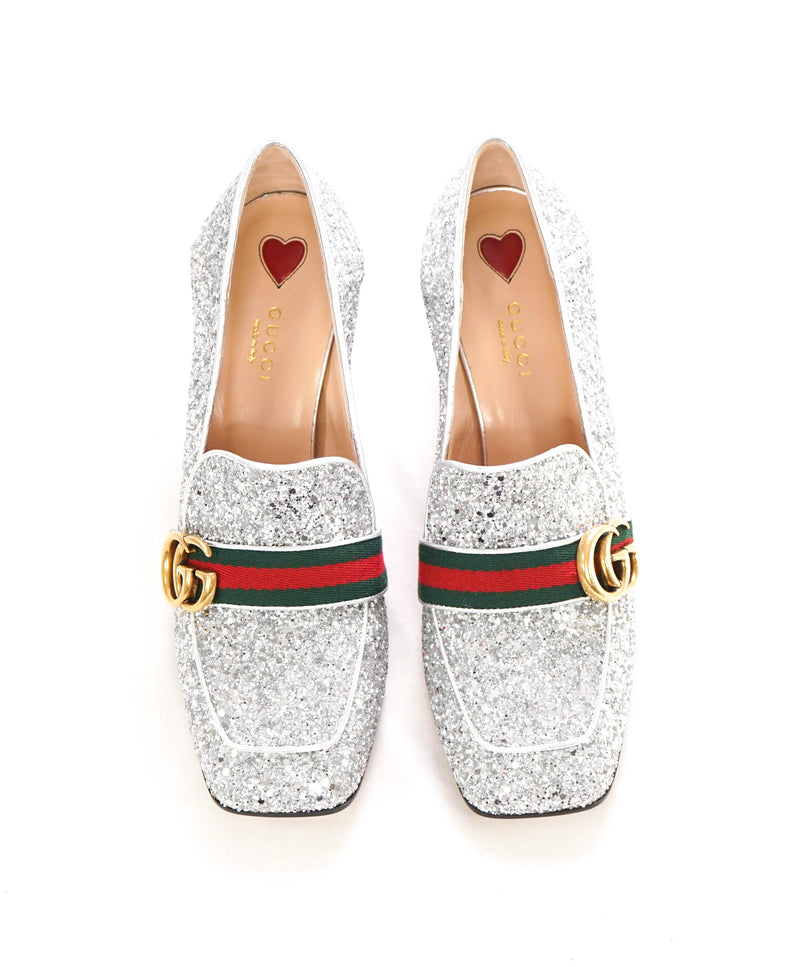 $940 GUCCI - Peyton Glitter Block Heel Loafers In Argento Silver 75mm - 9.5 US (39.5)