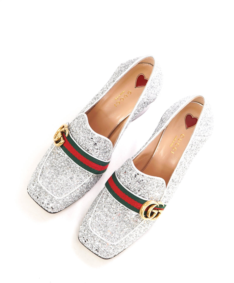 940 GUCCI Peyton Glitter Block Heel Loafers In Argento Silver 75mm Luxe Hanger