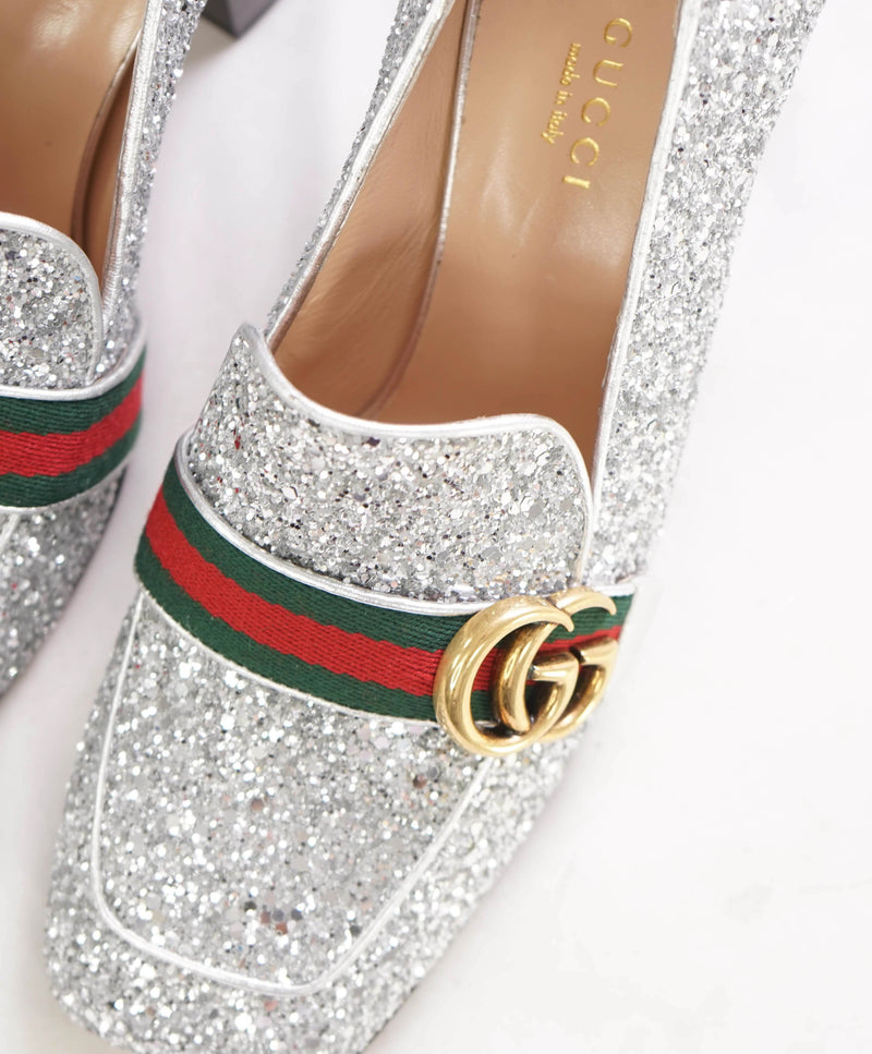 $940 GUCCI - Peyton Glitter Block Heel Loafers In Argento Silver 75mm - 9.5 US (39.5)