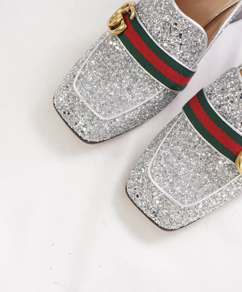 $940 GUCCI - Peyton Glitter Block Heel Loafers In Argento Silver 75mm - 9.5 US (39.5)