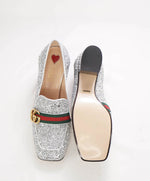 $940 GUCCI - Peyton Glitter Block Heel Loafers In Argento Silver 75mm - 9.5 US (39.5)