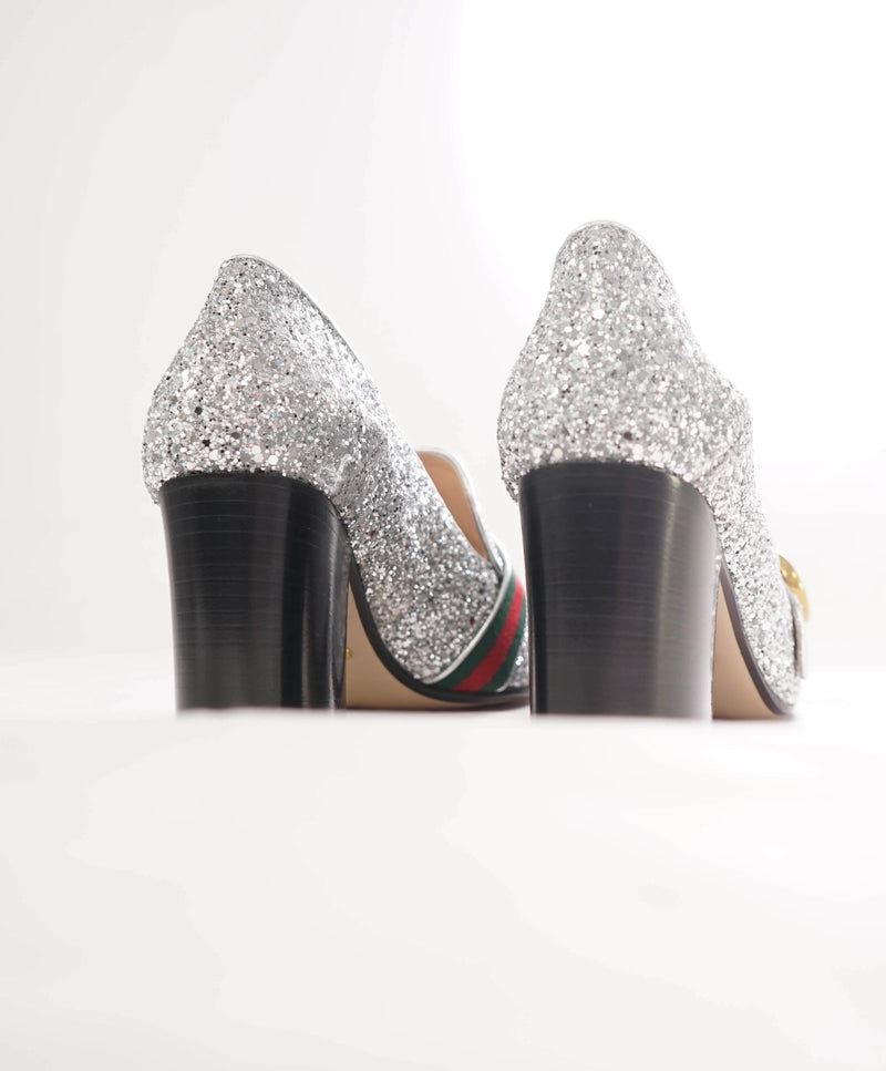 $940 GUCCI - Peyton Glitter Block Heel Loafers In Argento Silver 75mm - 9.5 US (39.5)