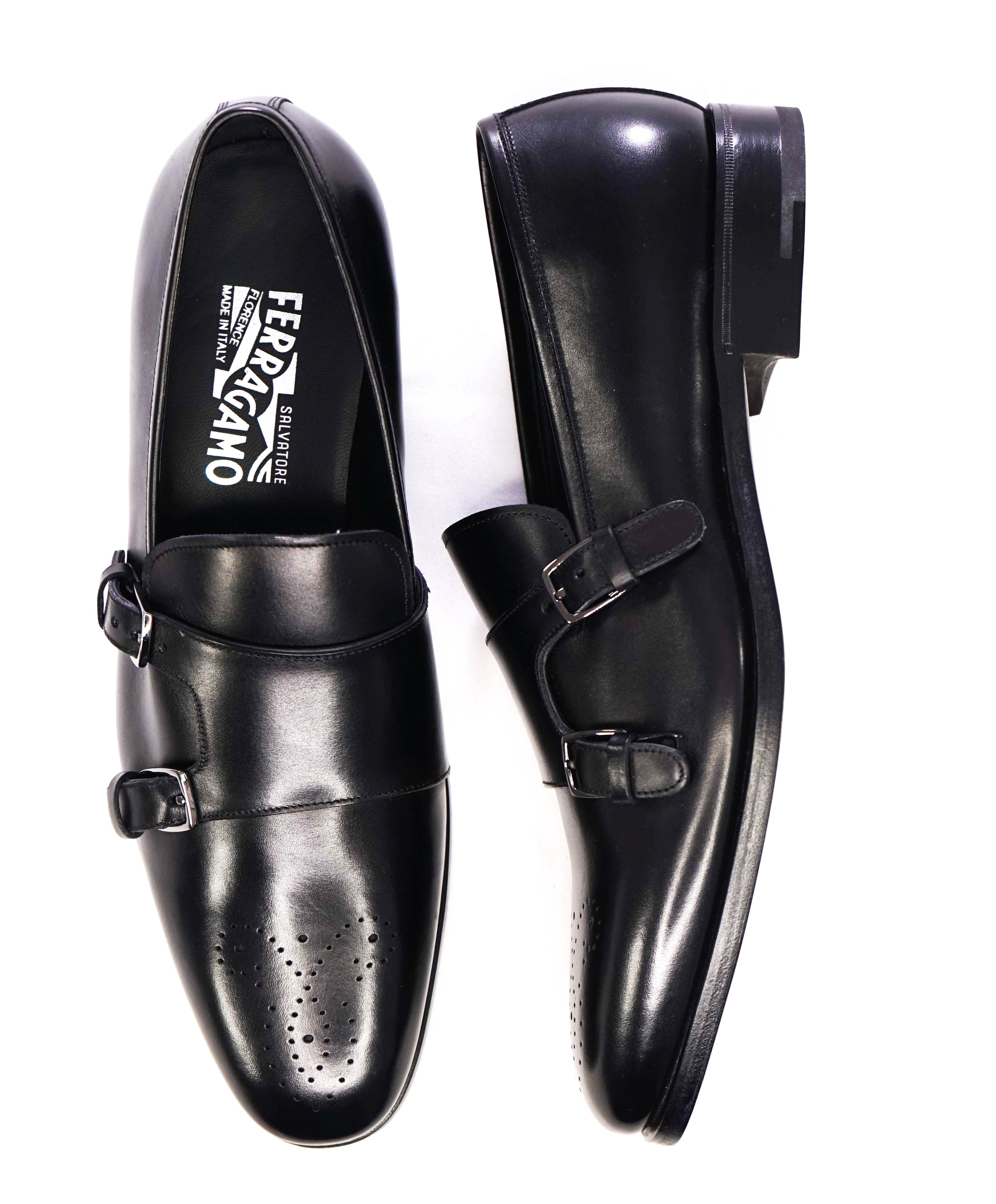 $950 SALVATORE FERRAGAMO -"Roland" Black Venetian Leather Monk Strap Loafers-10D