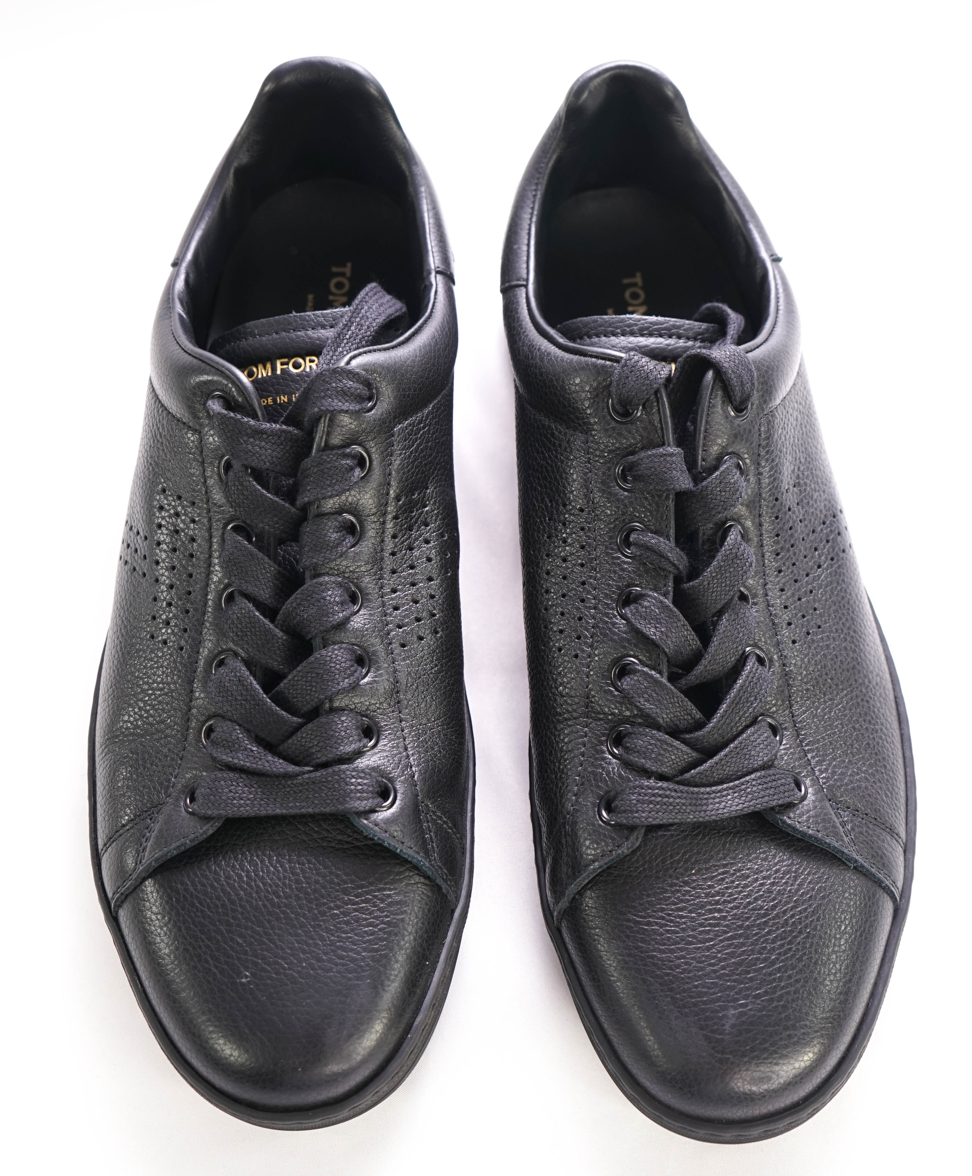 $1,000 TOM FORD - WARWICK Perforated Full-Grain Black Leather Sneaker - 10 US