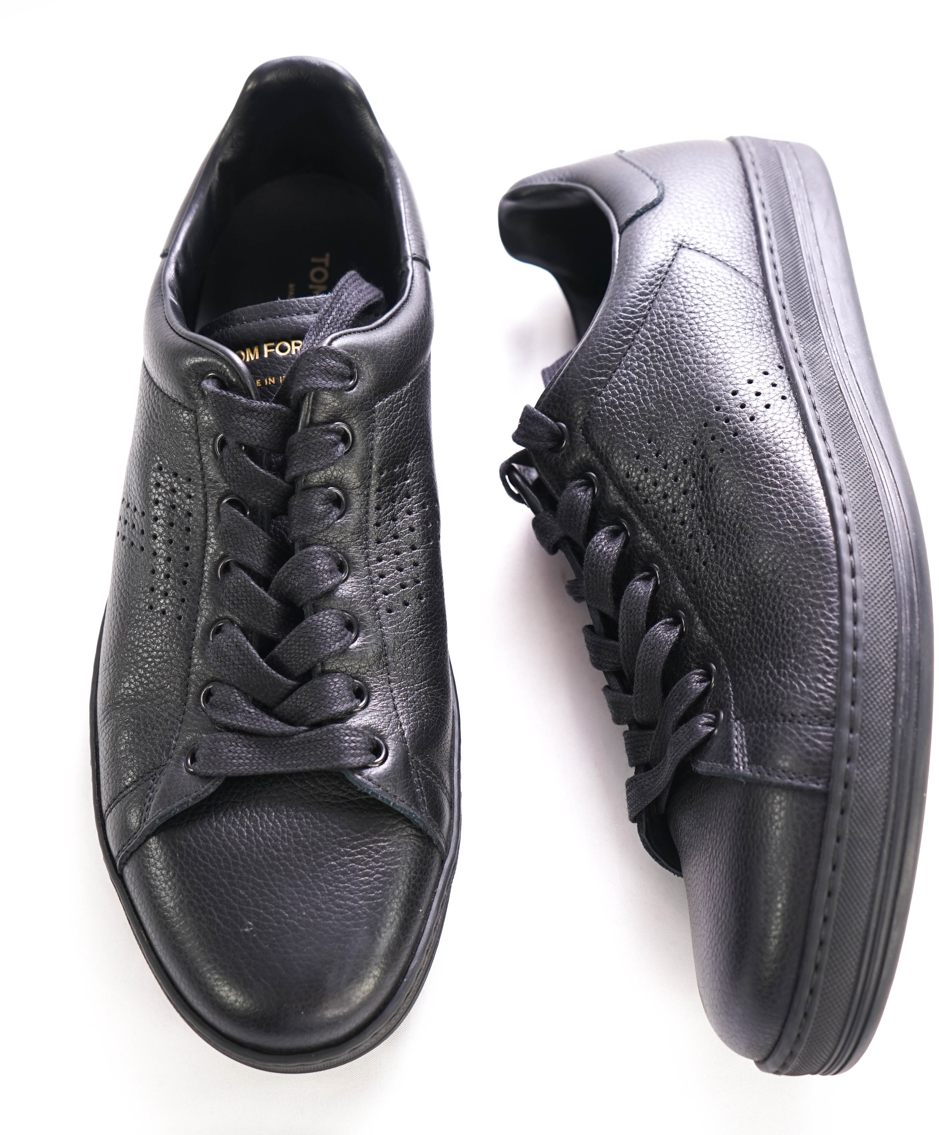 $1,000 TOM FORD - WARWICK Perforated Full-Grain Black Leather Sneaker - 10 US