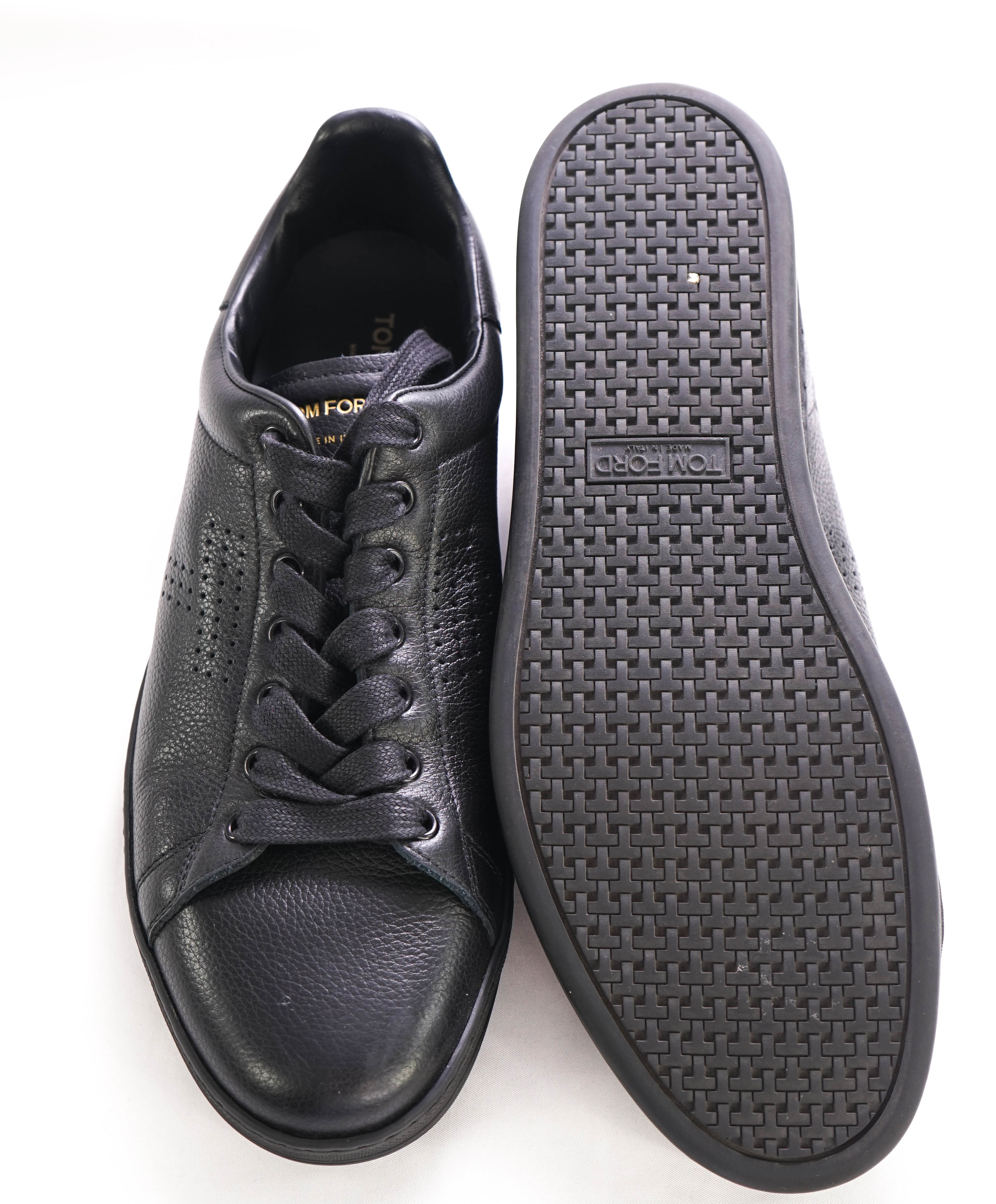 $1,000 TOM FORD - WARWICK Perforated Full-Grain Black Leather Sneaker - 10 US