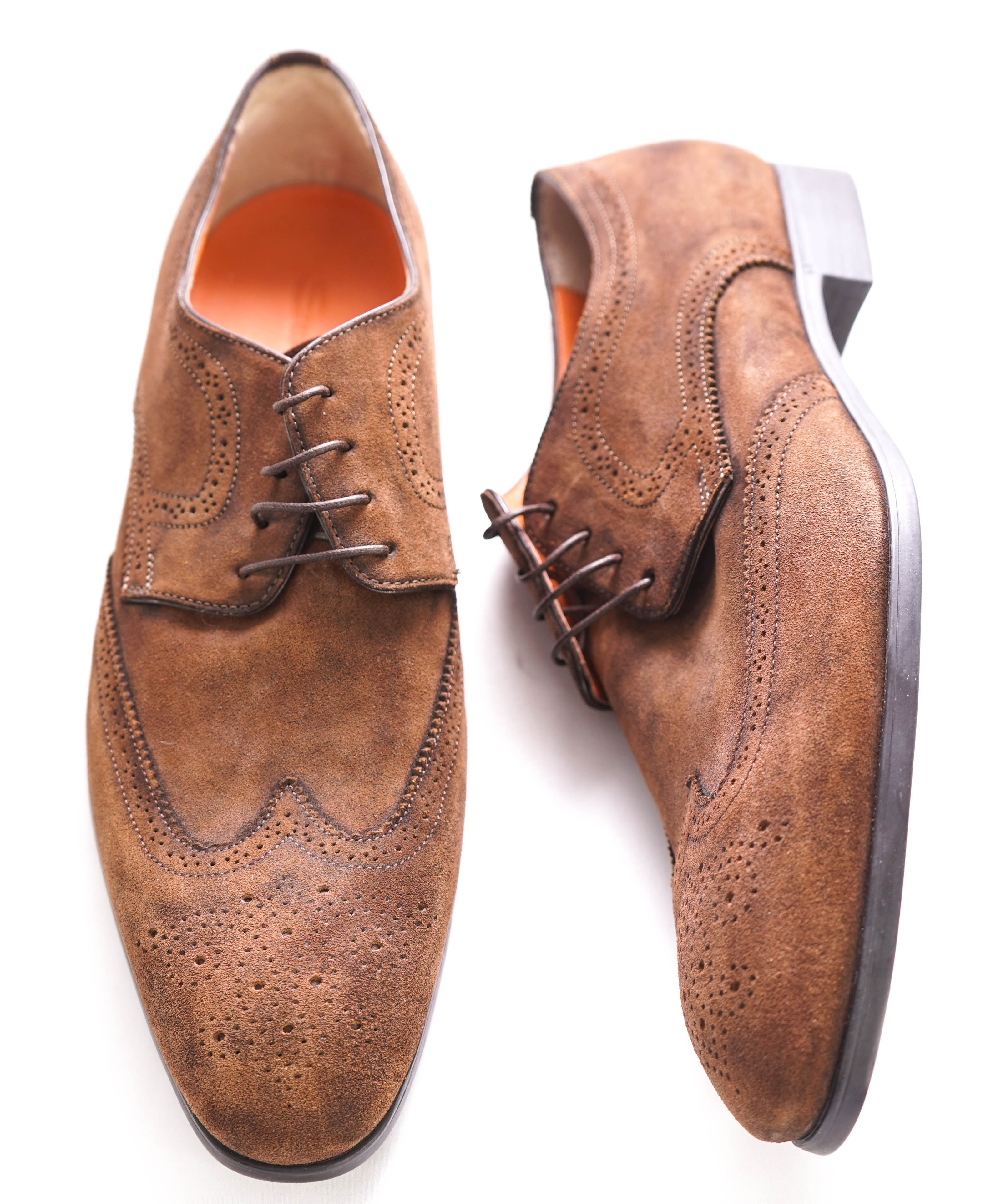 $720 SANTONI -  Made In Italy Brown Suede Derby Round Toe Oxfords - 10 Stamped