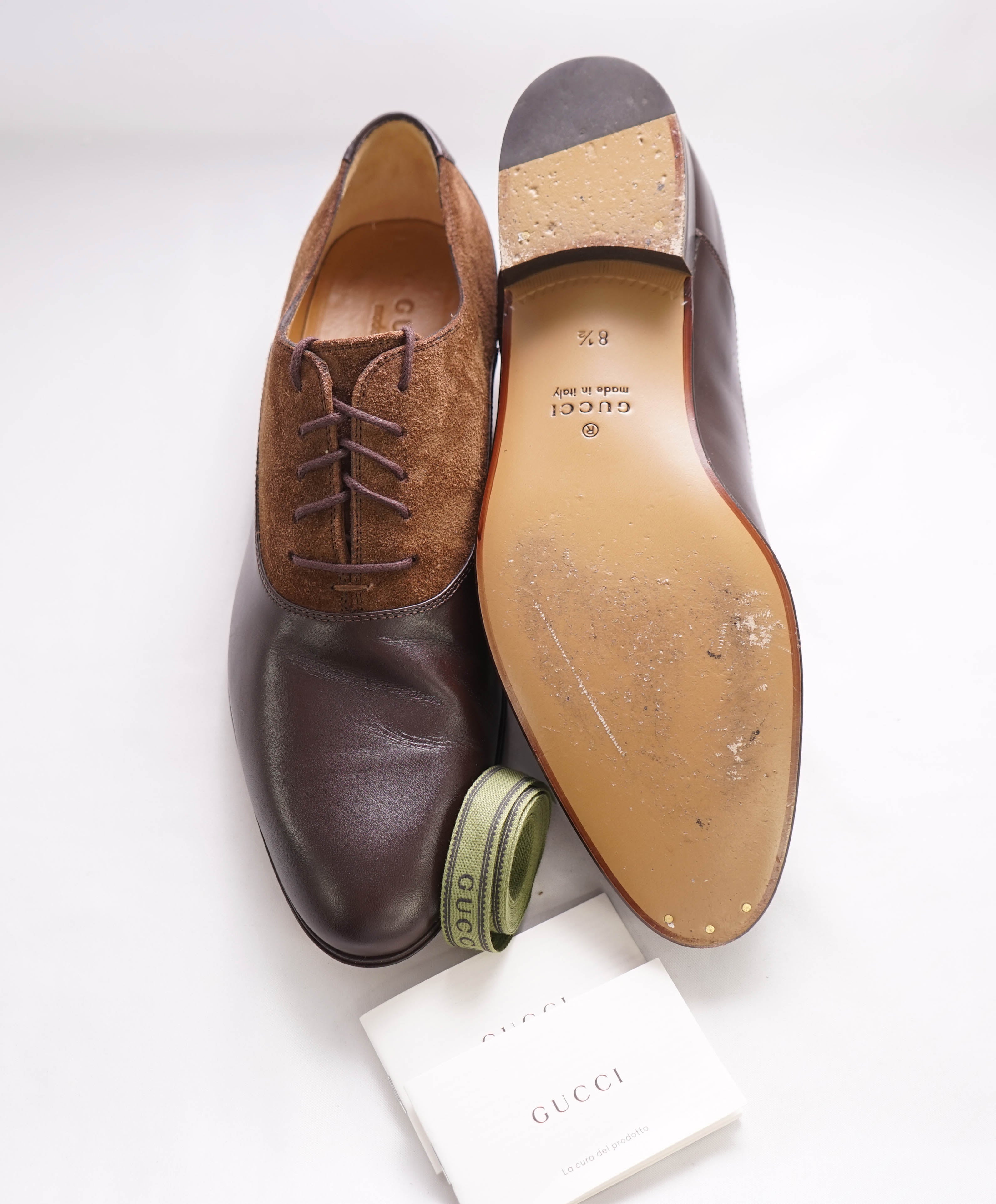 $890 GUCCI - "ADEL" Brown Mixed Leather Suede Logo Heel Oxford - 9US (8.5G)