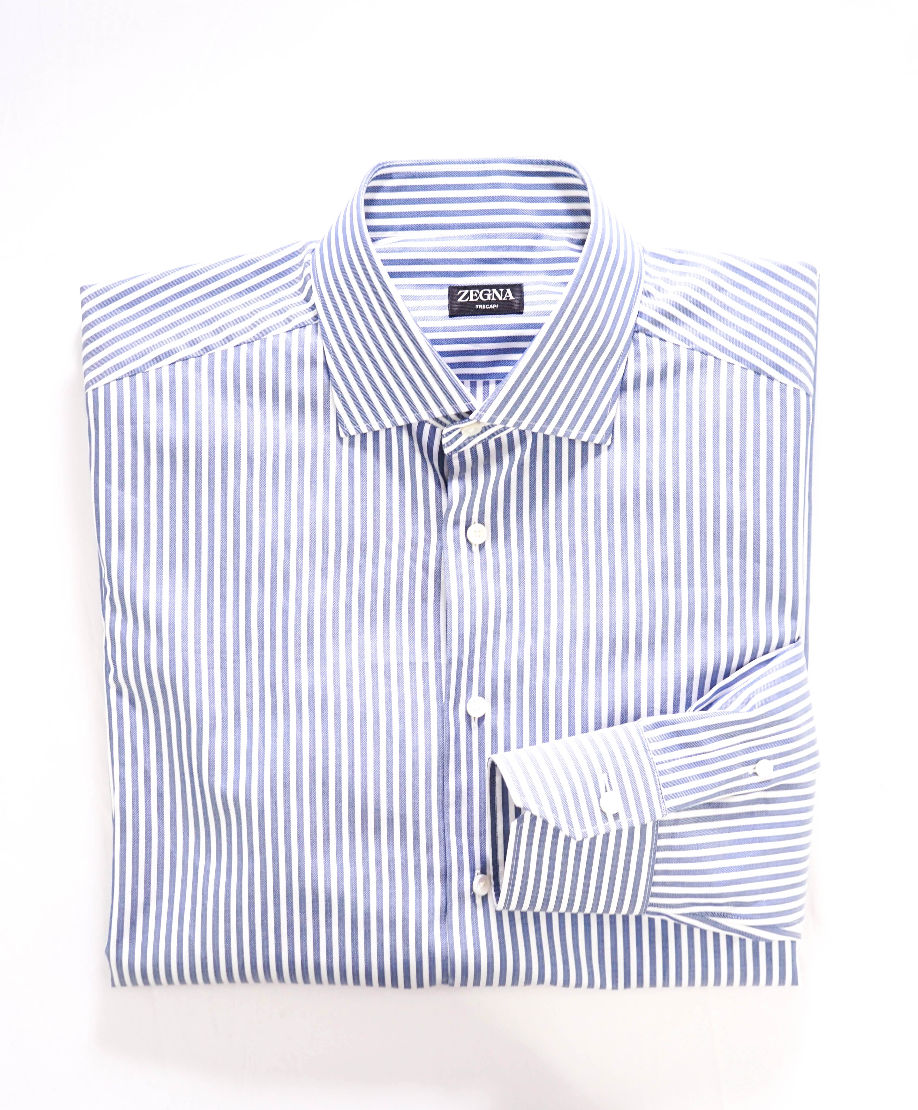 $890 ZEGNA - "TRECAPI" Milano Blue Stripe Button Down Shirt - 17.5 (44)