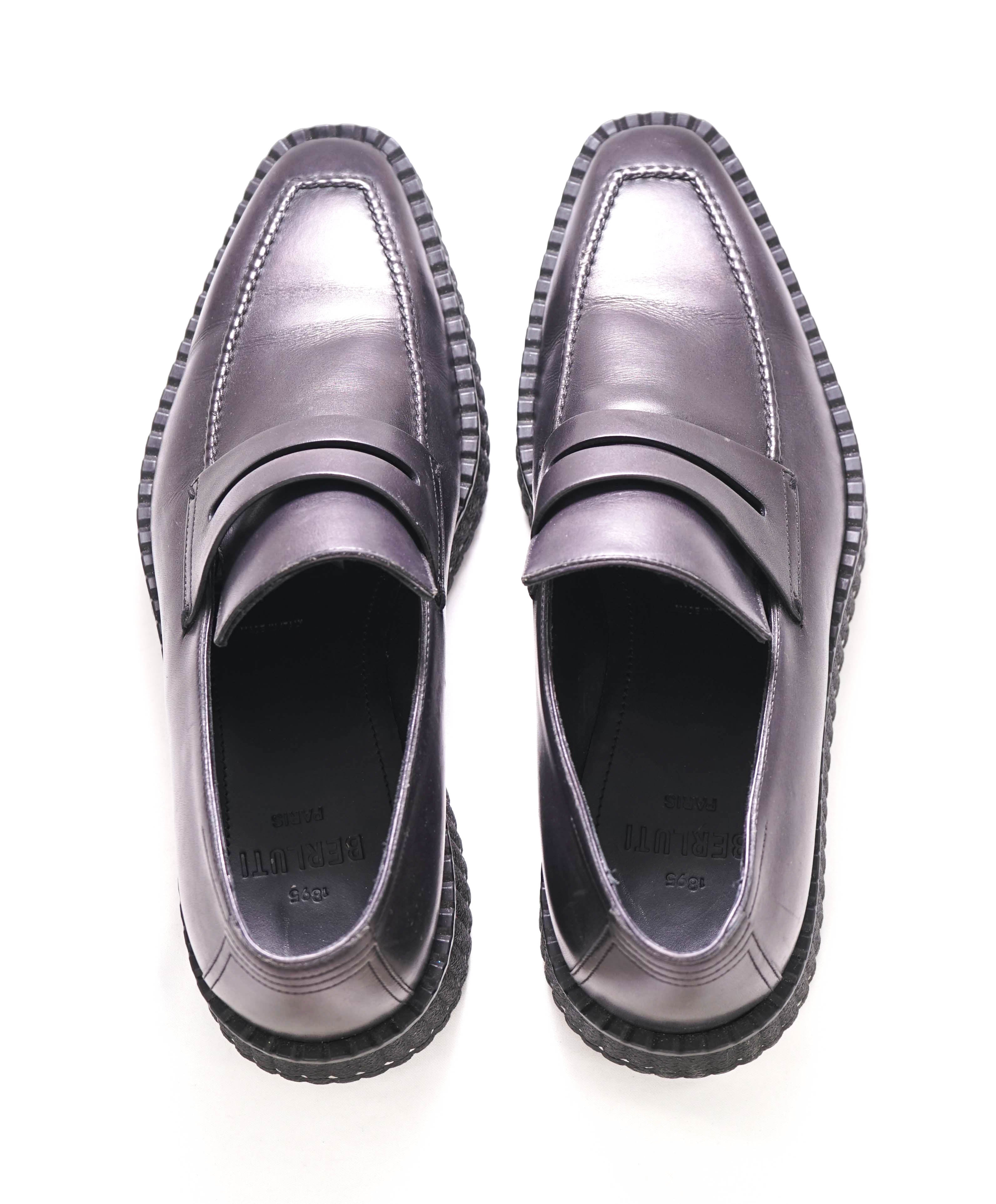 $1,720 BERLUTI PARIS- Gray Leather Lug Sole Penny Loafers - 8 US