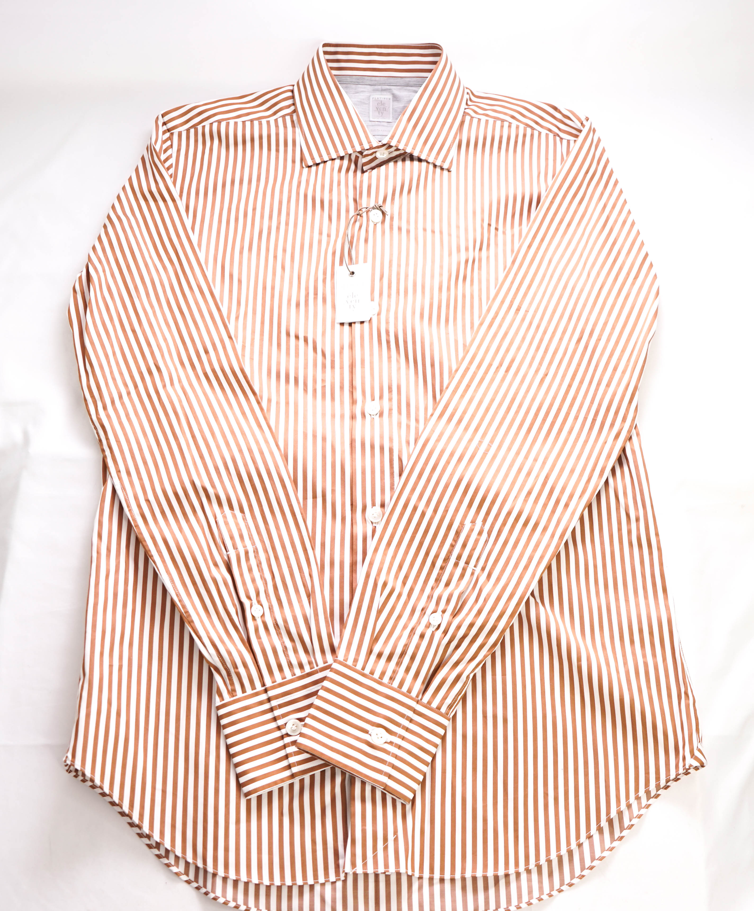 $495 ELEVENTY - Camel Stripe *HAND STITCHED* Spread Dress Shirt - M