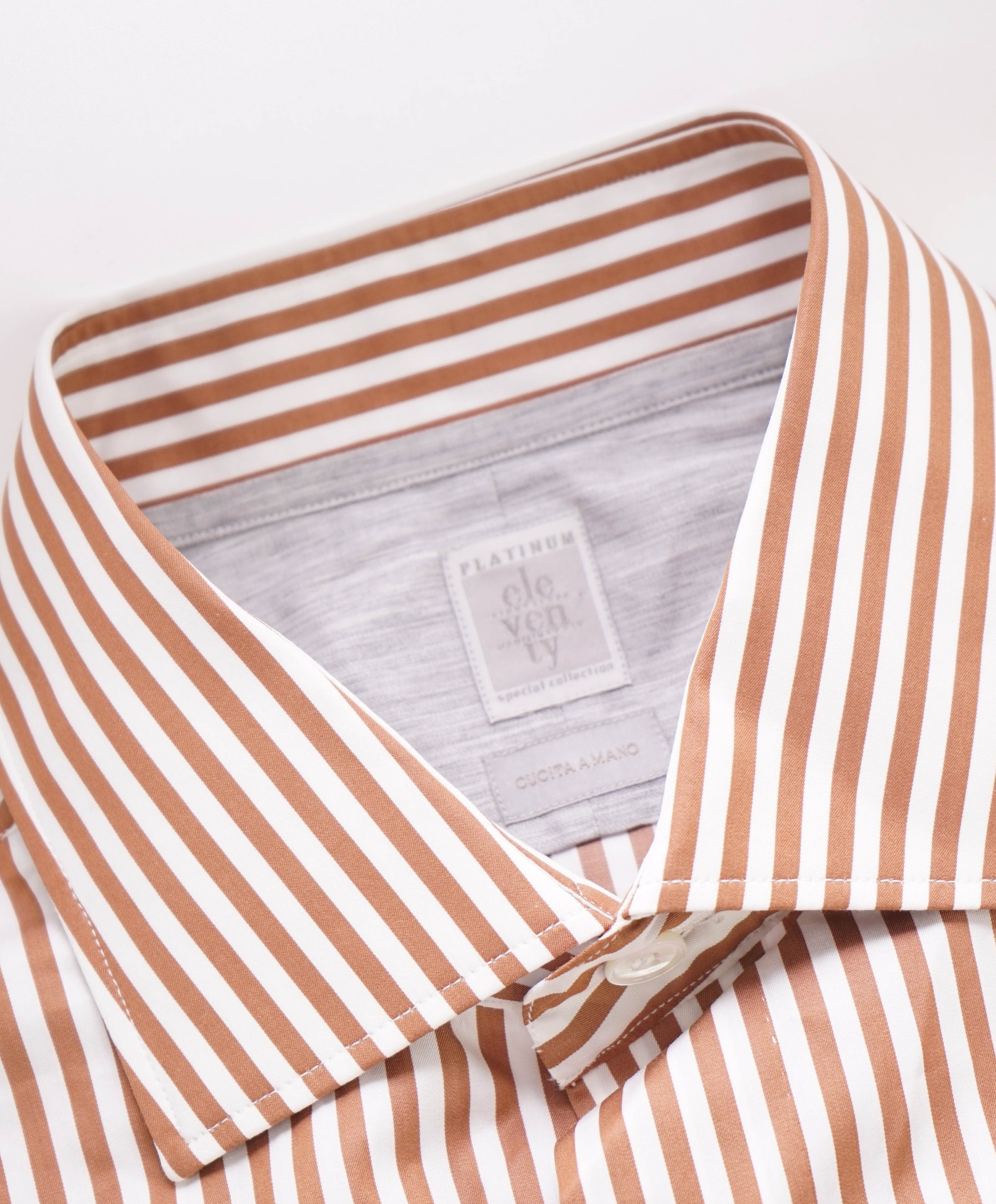 $495 ELEVENTY - Camel Stripe *HAND STITCHED* Spread Dress Shirt - M