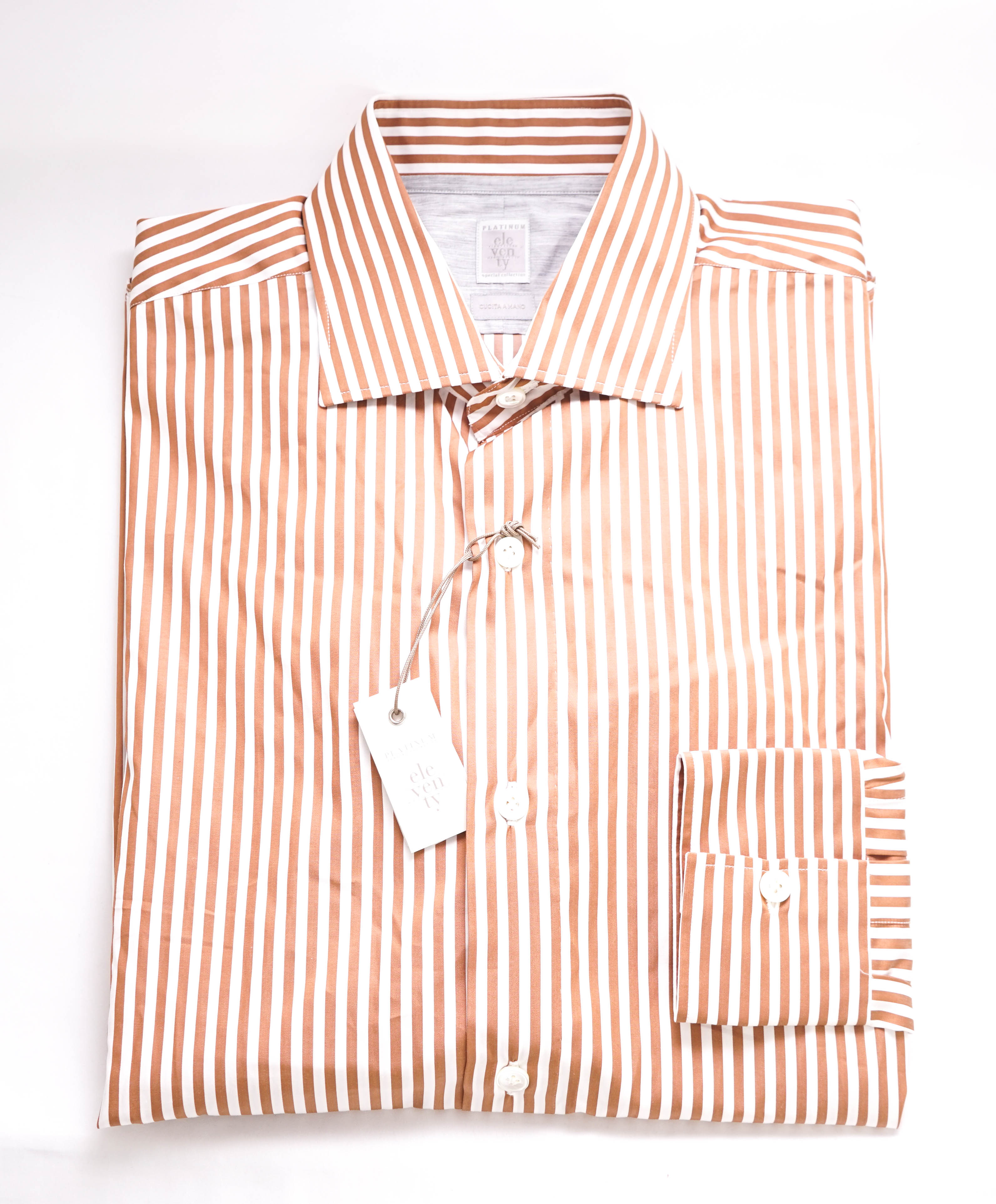 $495 ELEVENTY - Camel Stripe *HAND STITCHED* Spread Dress Shirt - M