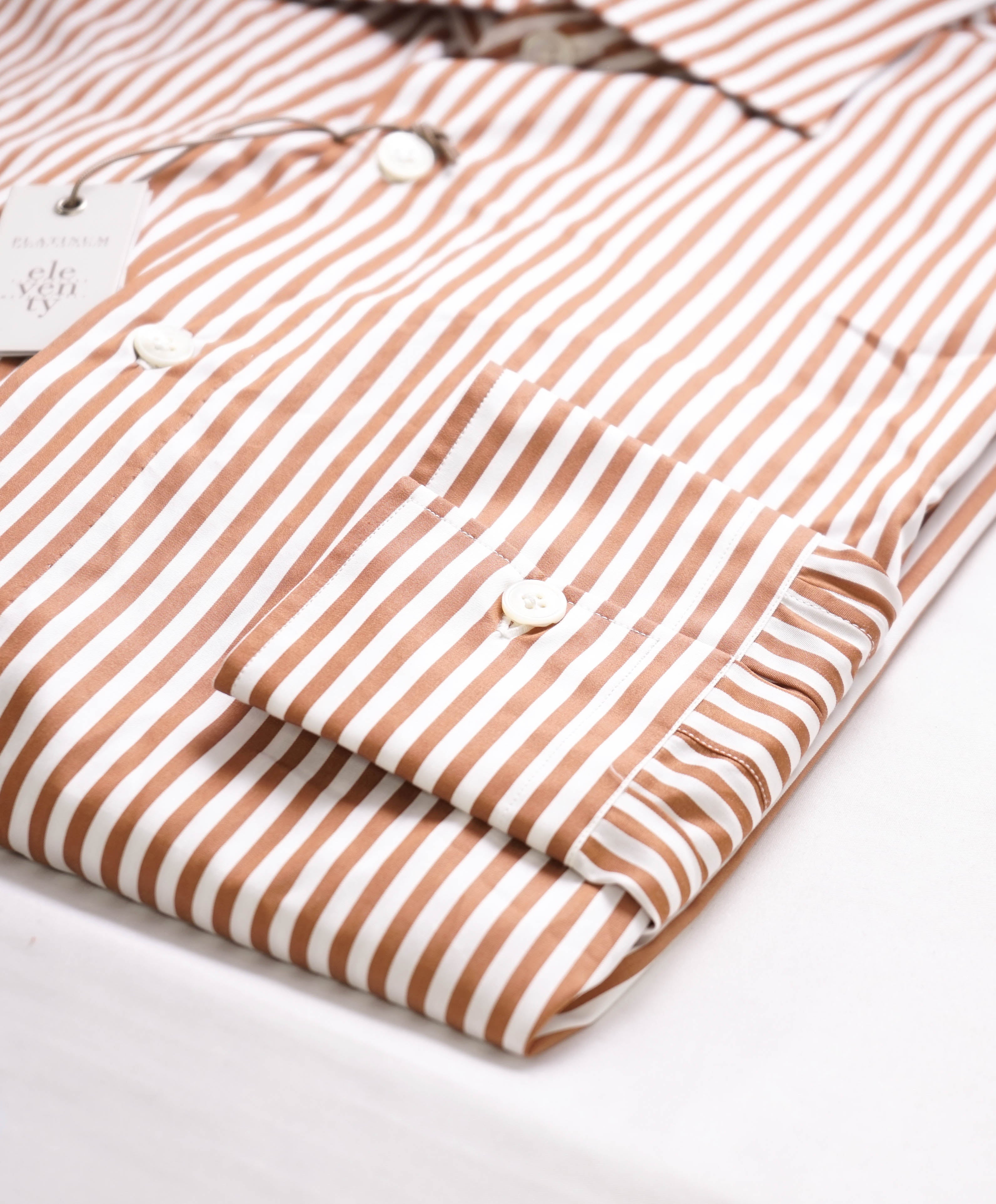 $495 ELEVENTY - Camel Stripe *HAND STITCHED* Spread Dress Shirt - M