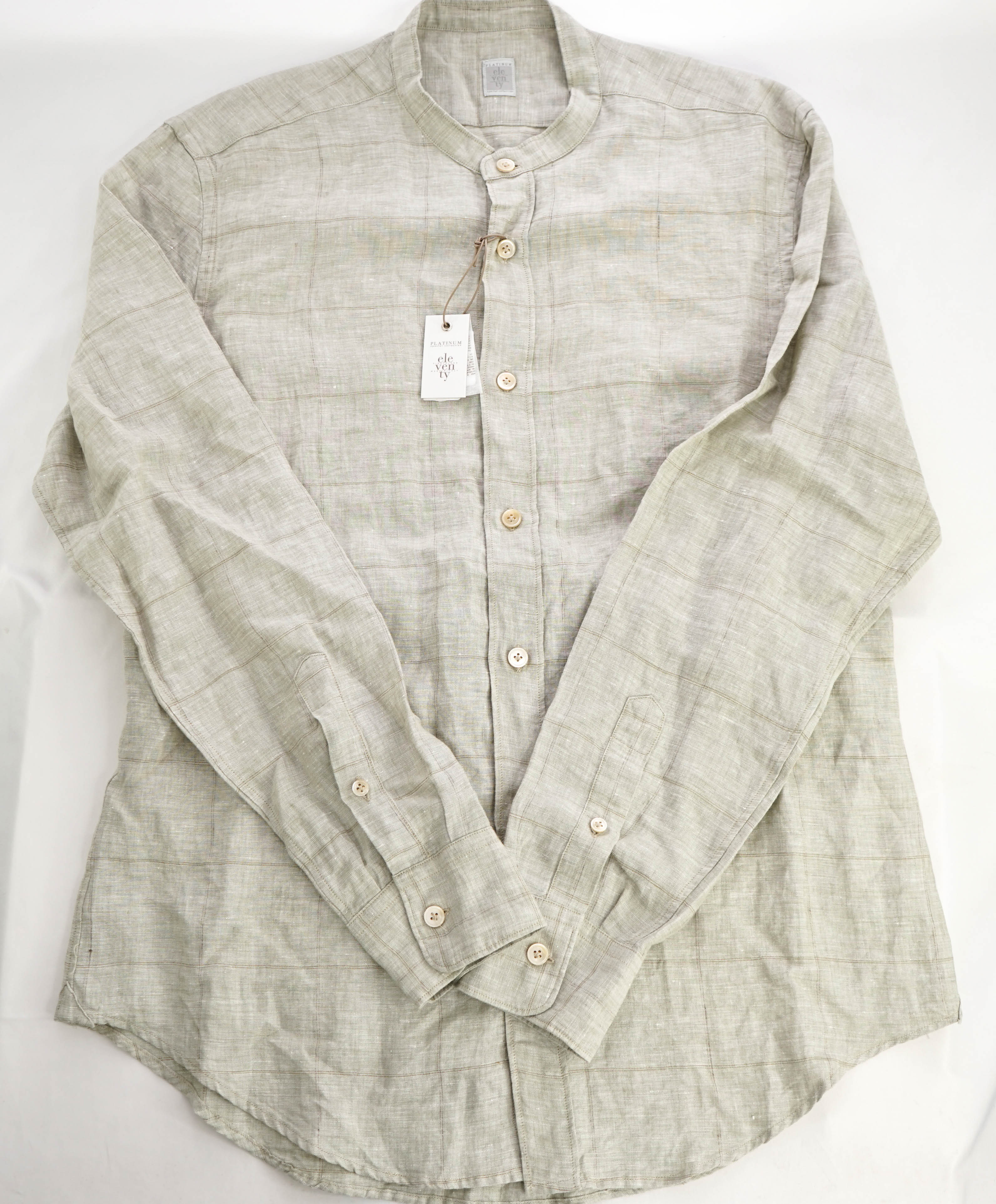 $545 ELEVENTY - *LINEN* Sage/SandBand Collar Button Shirt - M