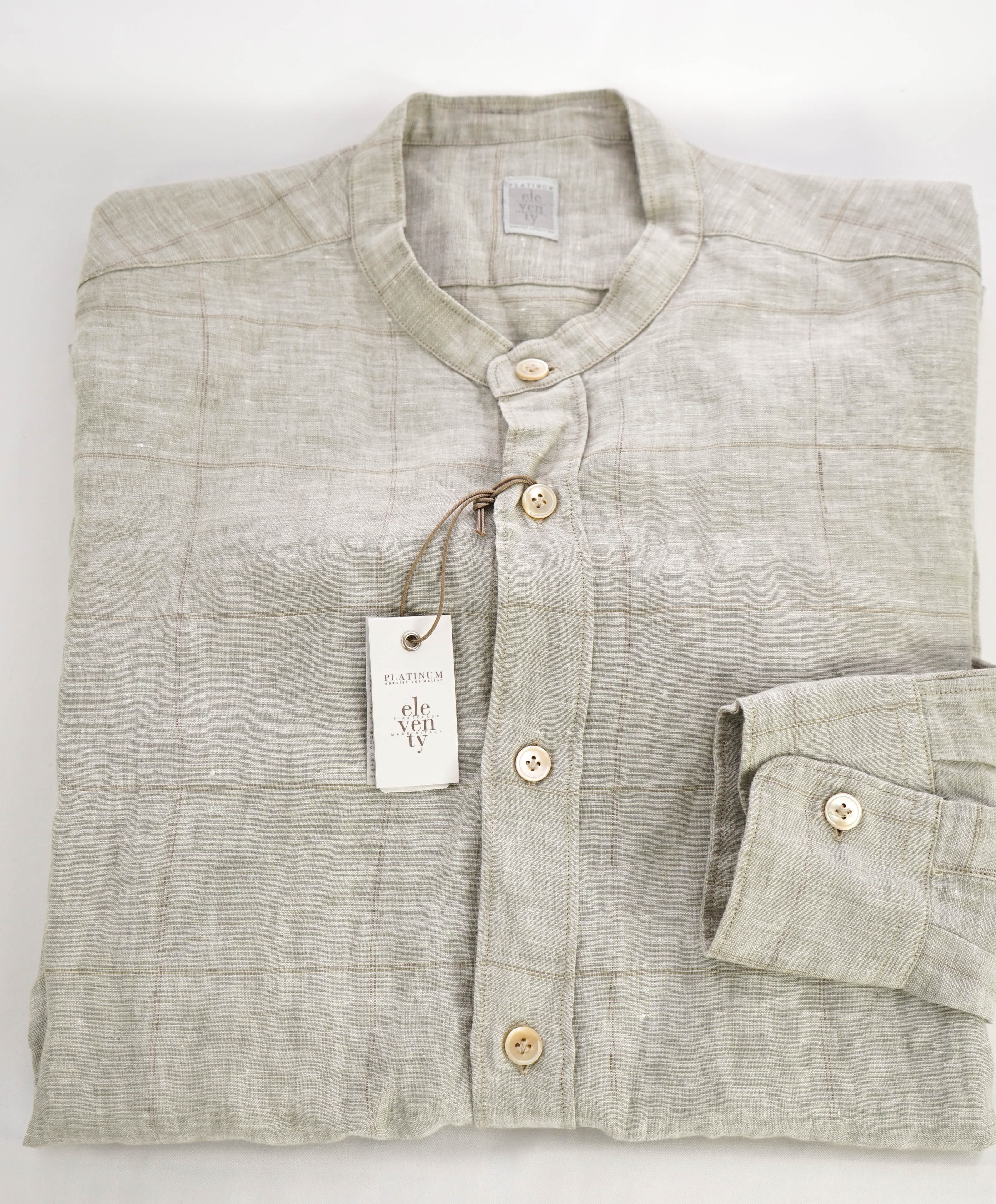 $545 ELEVENTY - *LINEN* Sage/SandBand Collar Button Shirt - M