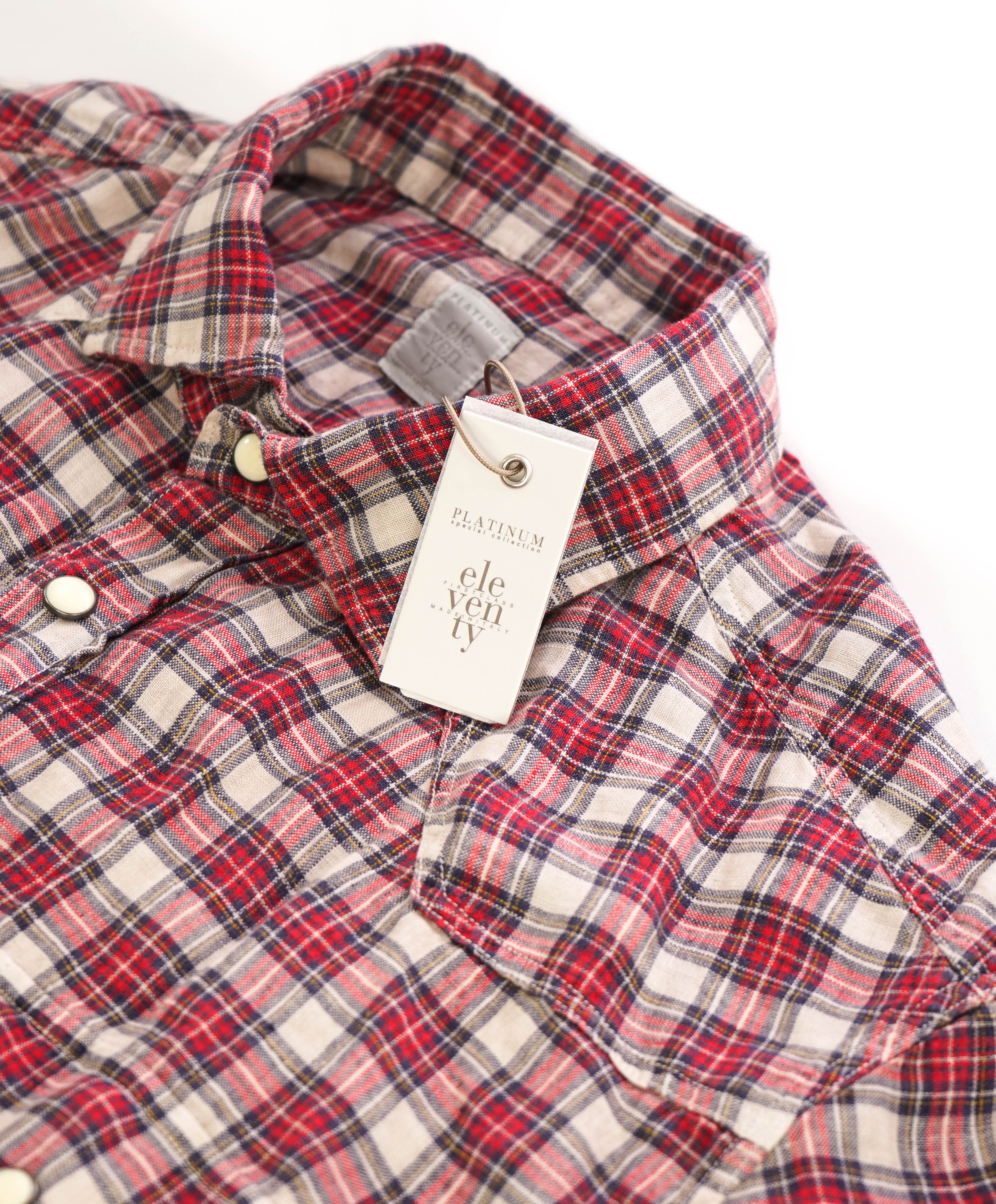 $395 ELEVENTY - Red *Snap Front* LINEN Texas Style Western Shirt - M