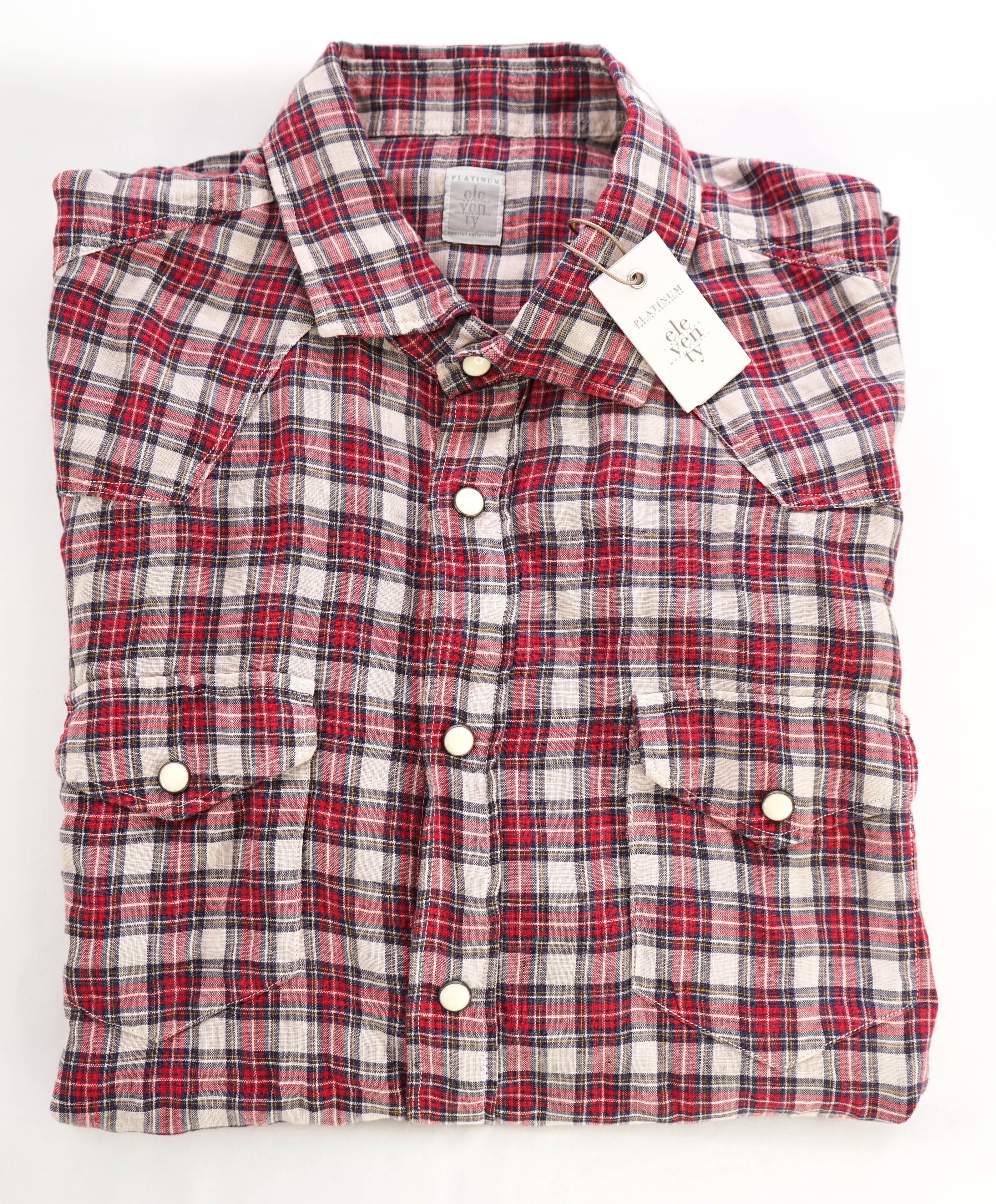 $395 ELEVENTY - Red *Snap Front* LINEN Texas Style Western Shirt - M