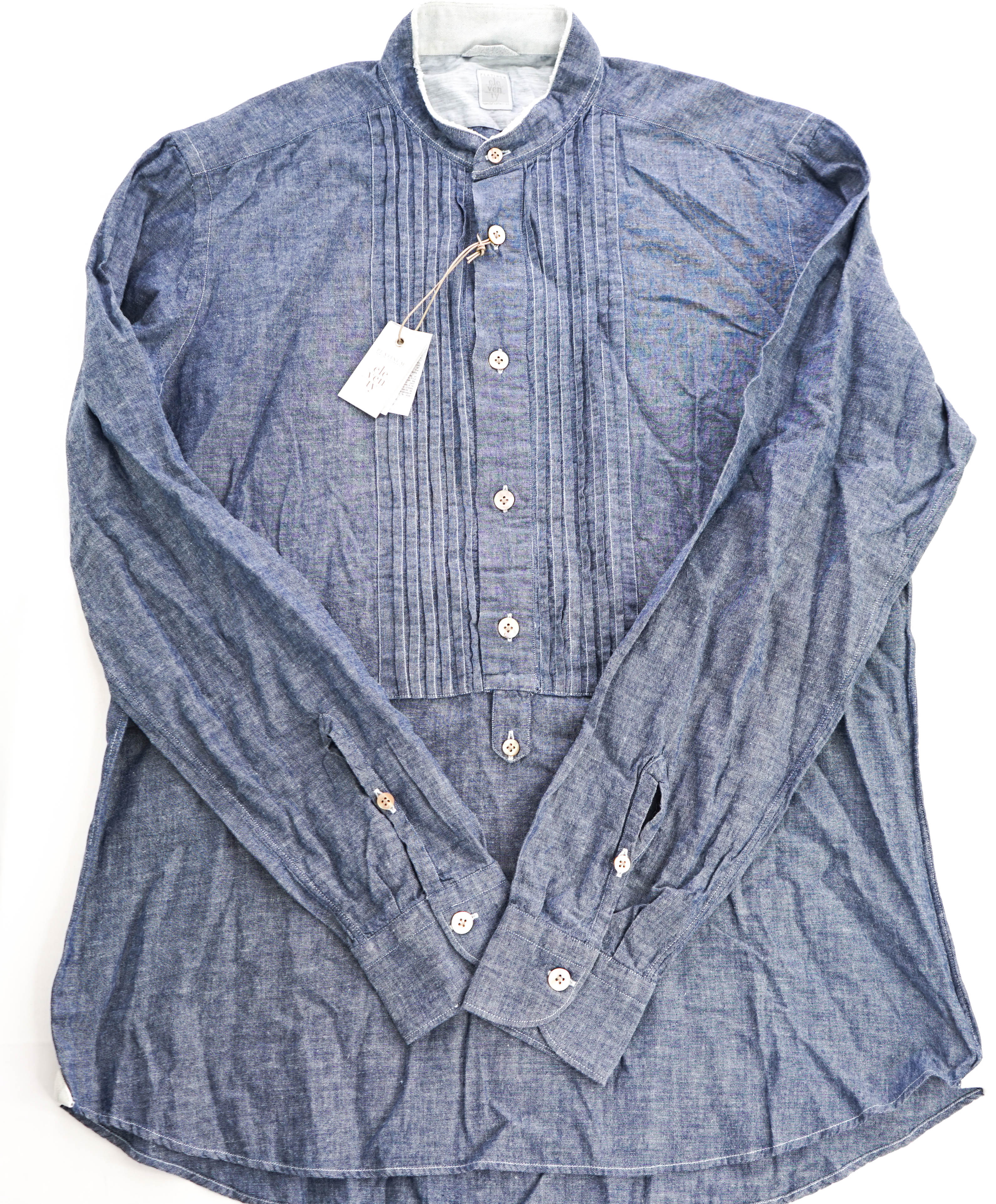 $545 ELEVENTY - Cotton *PLEATED* Blue Denim Button Down Shirt - M