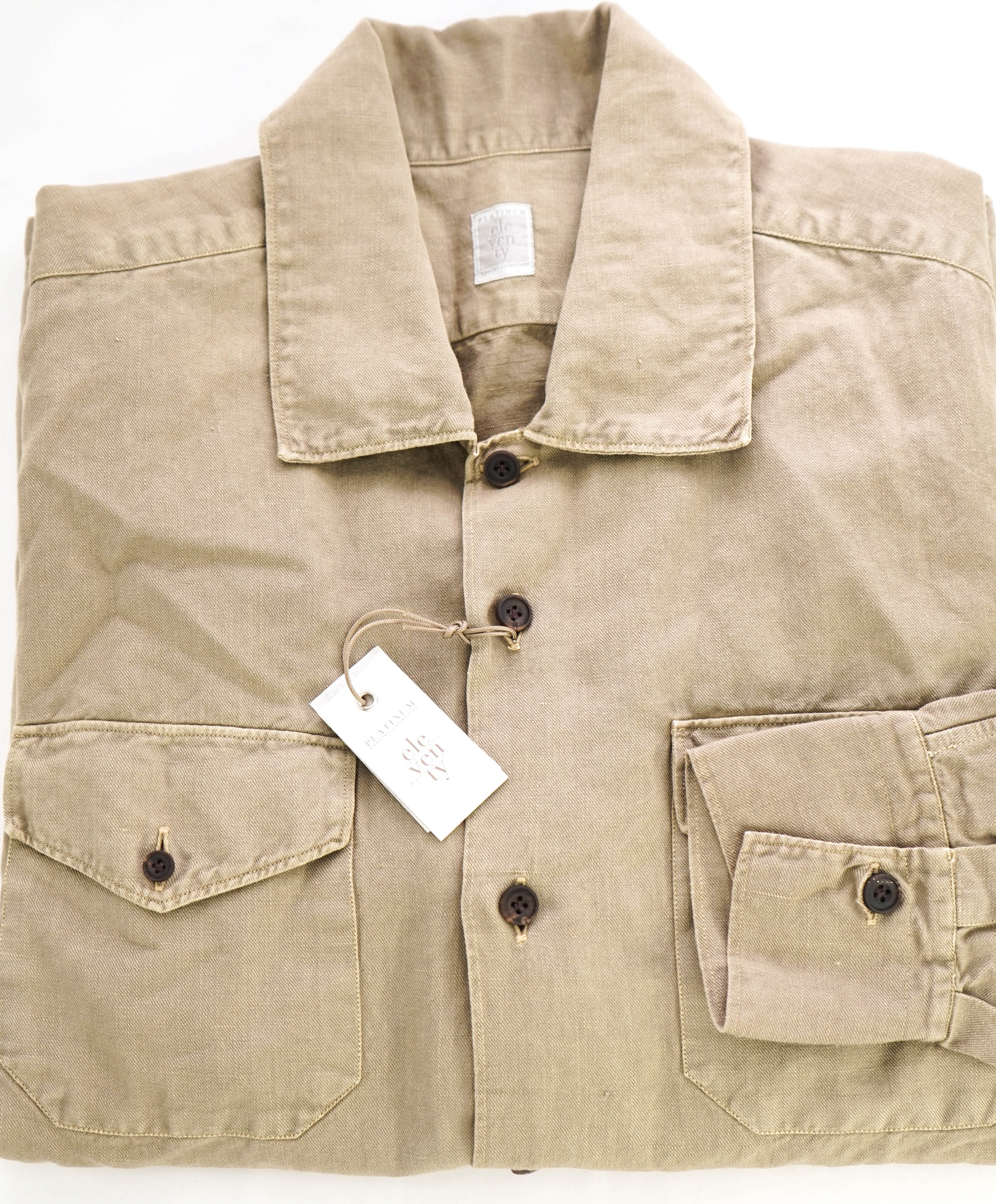 $395 ELEVENTY - Beige Cotton/Linen Safari Pocket Shirt - M