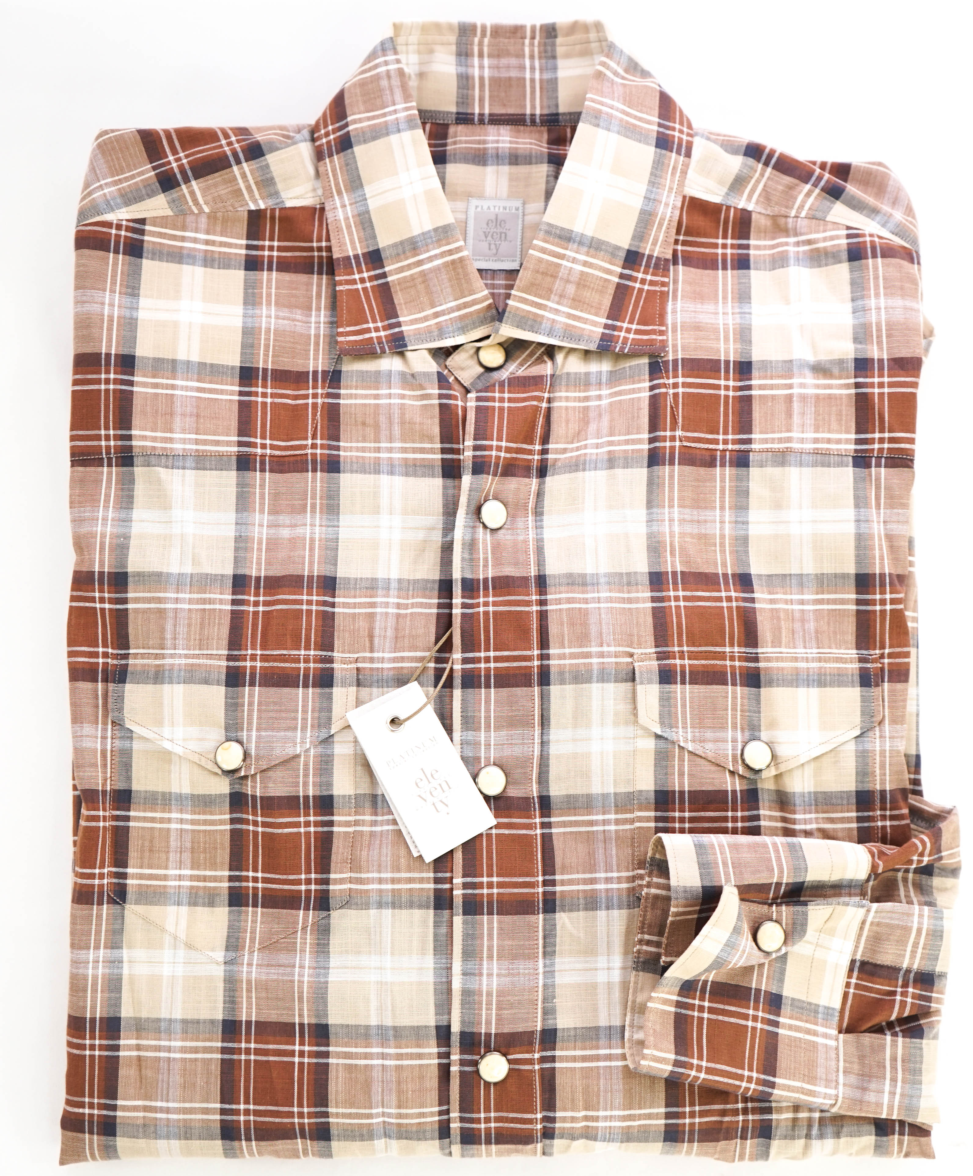 $395 ELEVENTY - Sand *Snap Front* Snap Texas Style Western Shirt - M