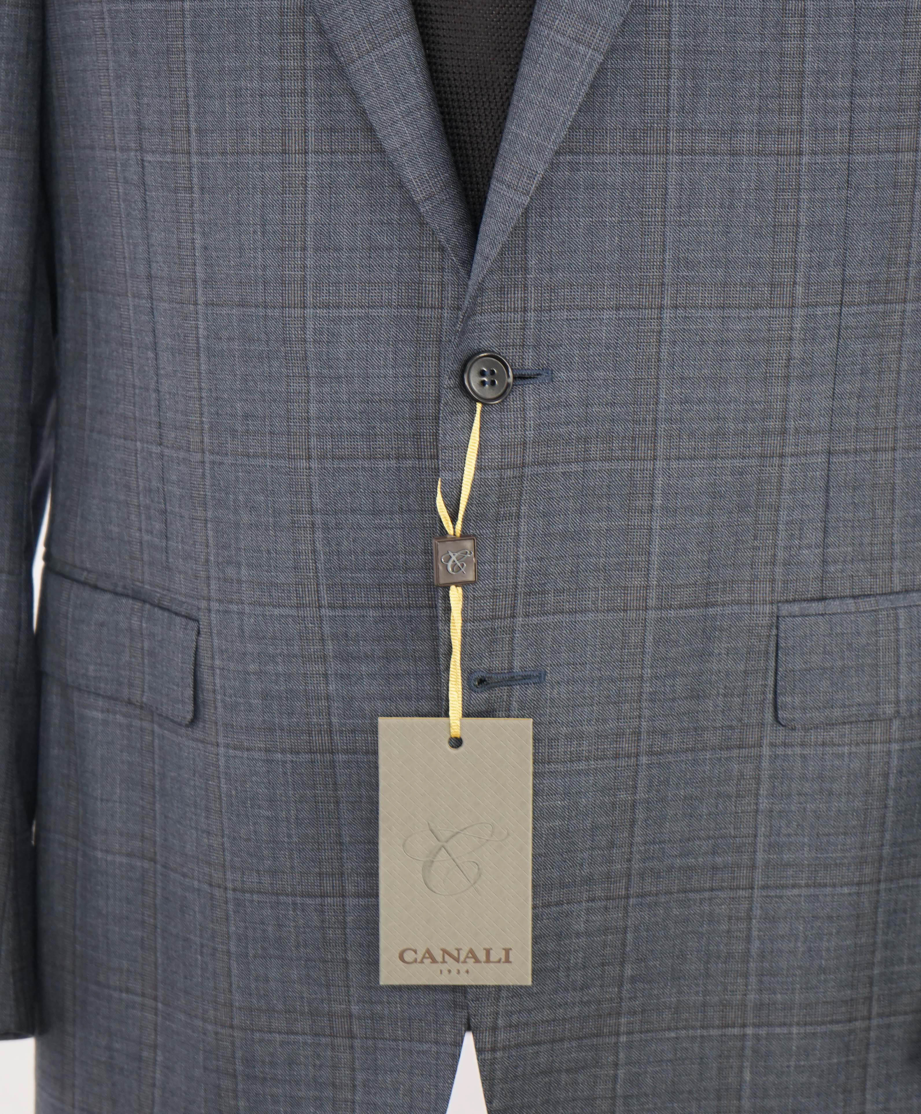 $1,795 CANALI - Steel Gray Blue Check Notch Lapel 2-Btn Blazer - 44R US