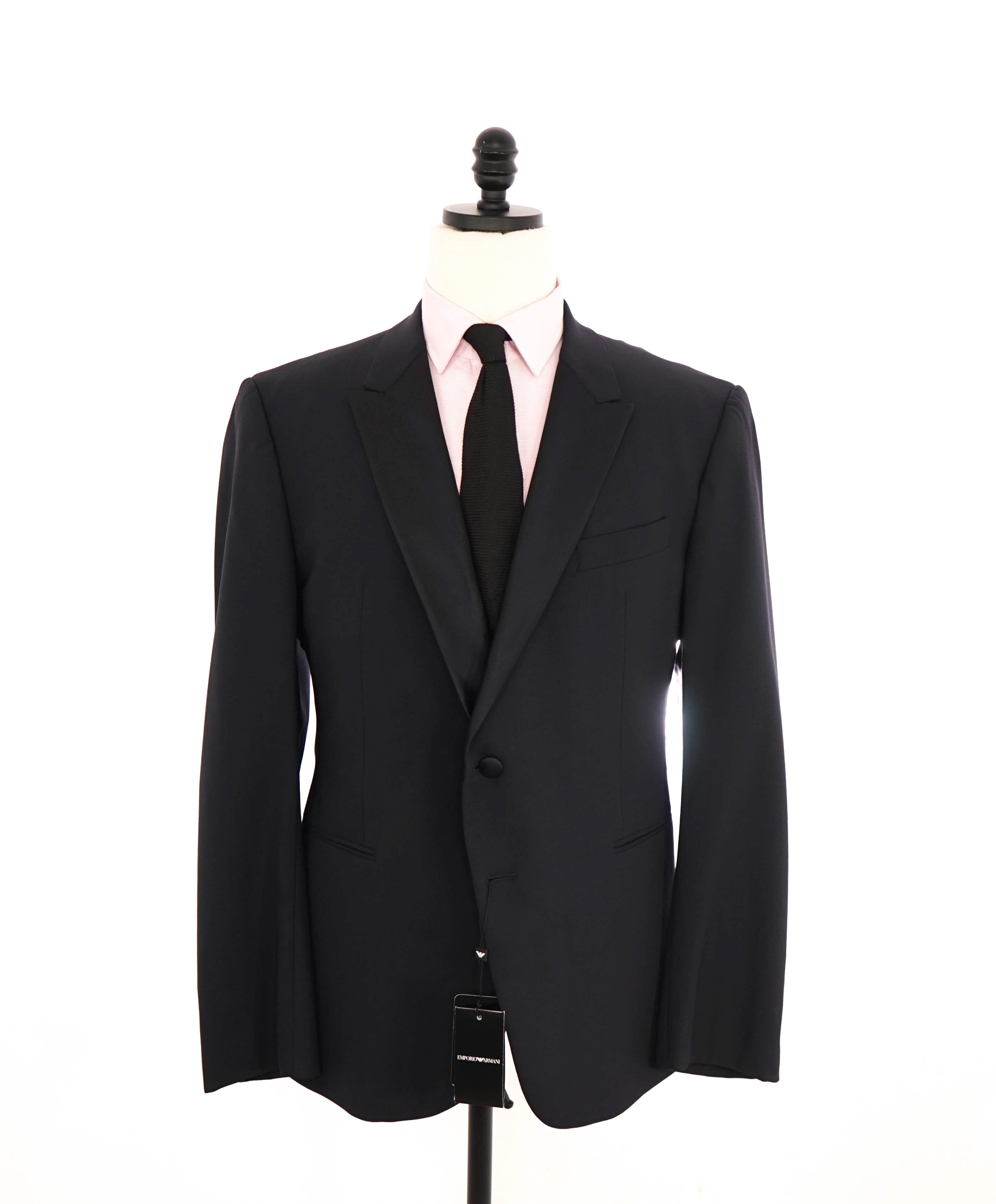 $1,995 EMPORIO ARMANI - “M LINE” 2-Btn Navy Peak Lapel Tuxedo Suit - 46R