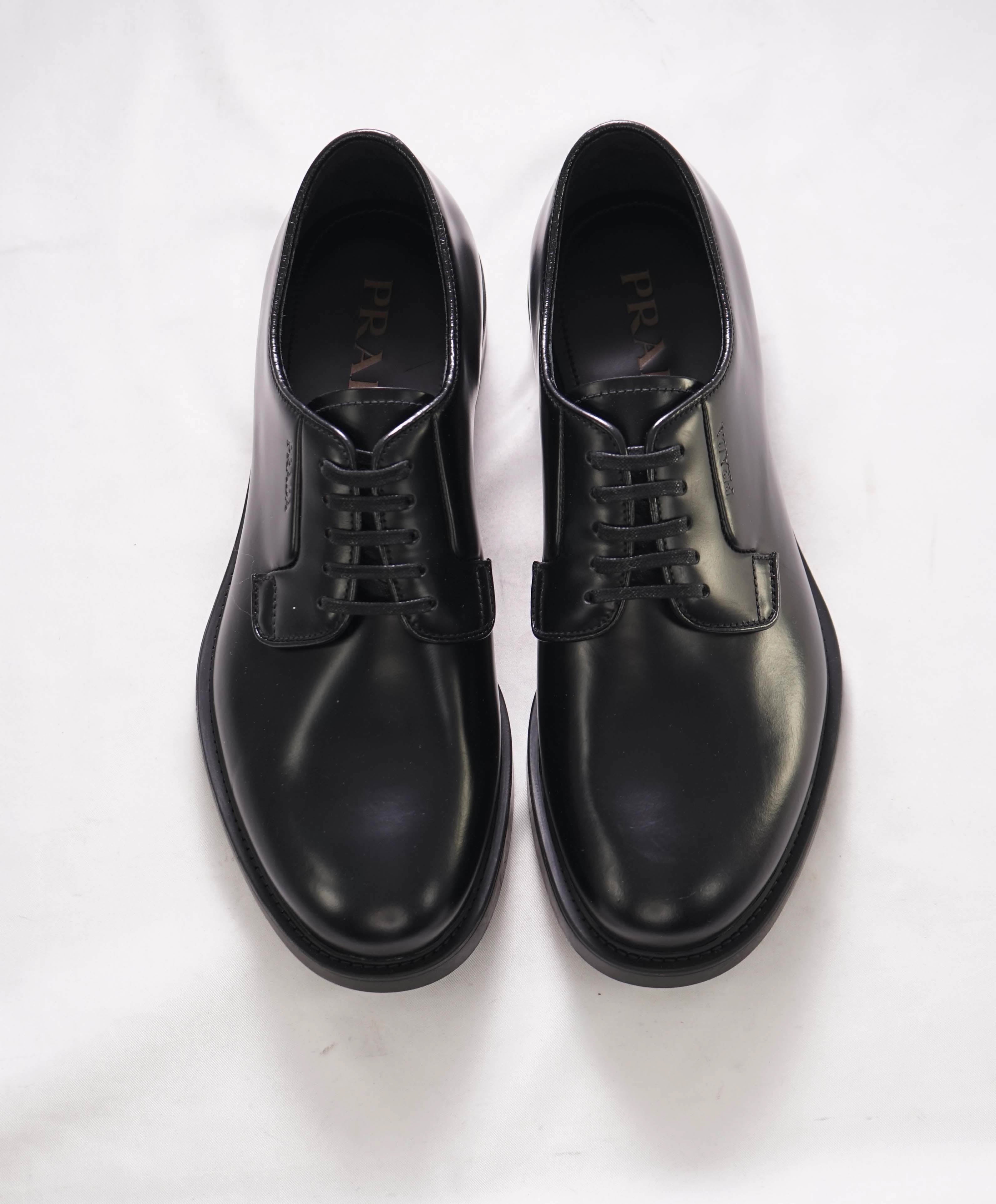 $1,150 PRADA - Black Brushed Polished Leather Derby Lace-Ups - 6.5 US (5.5 Prada)