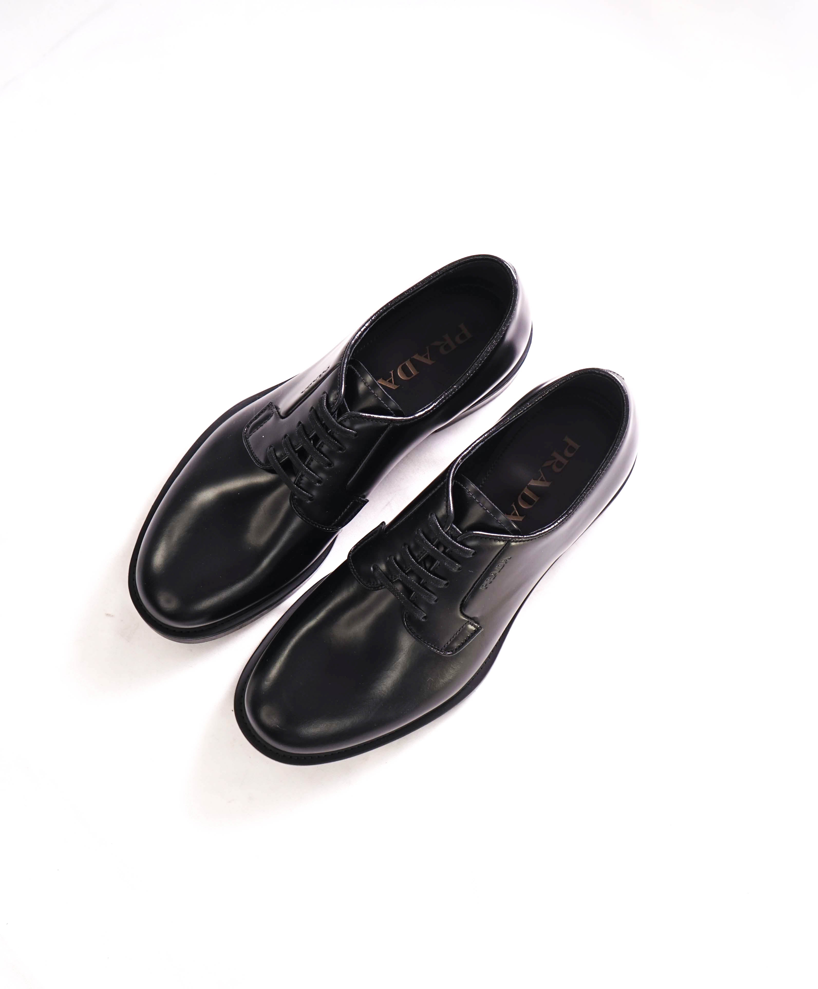 $1,150 PRADA - Black Brushed Polished Leather Derby Lace-Ups - 6.5 US (5.5 Prada)