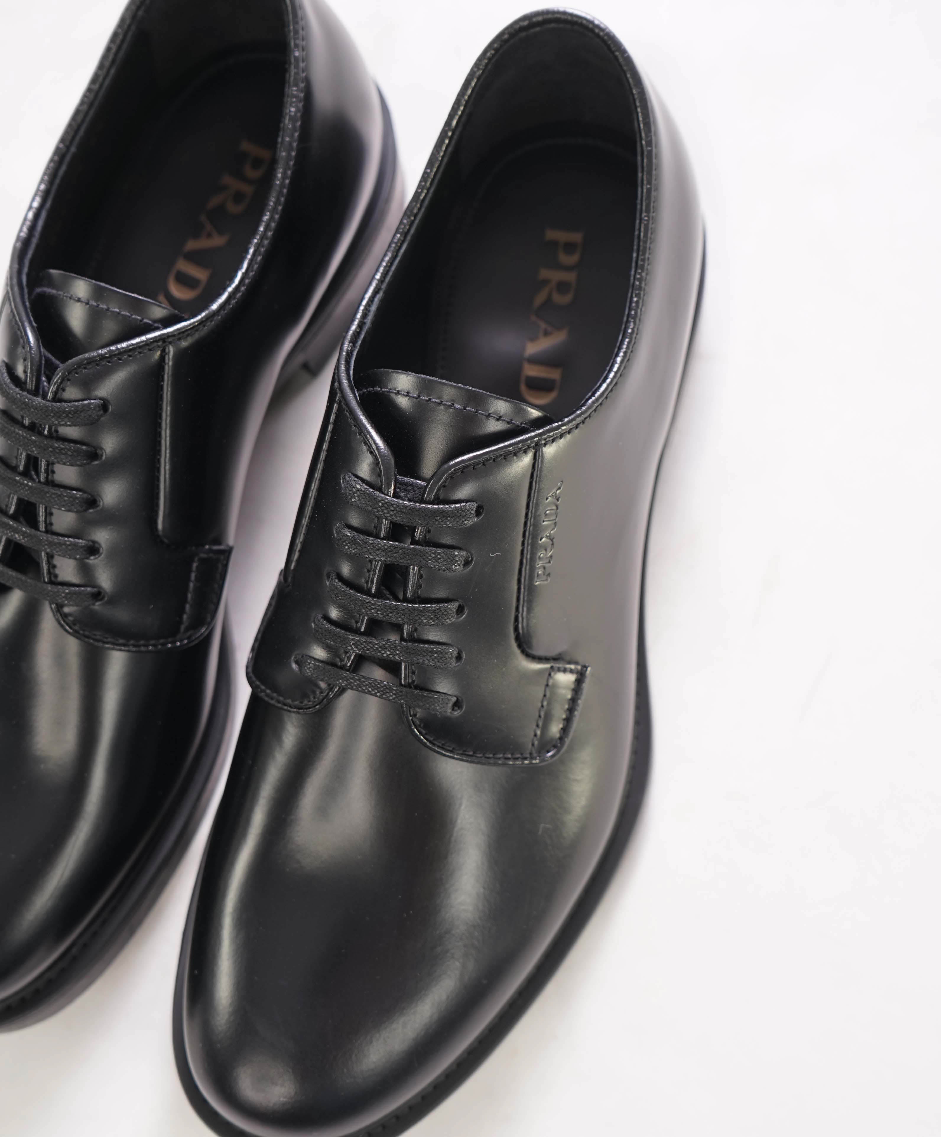 $1,150 PRADA - Black Brushed Polished Leather Derby Lace-Ups - 6.5 US (5.5 Prada)