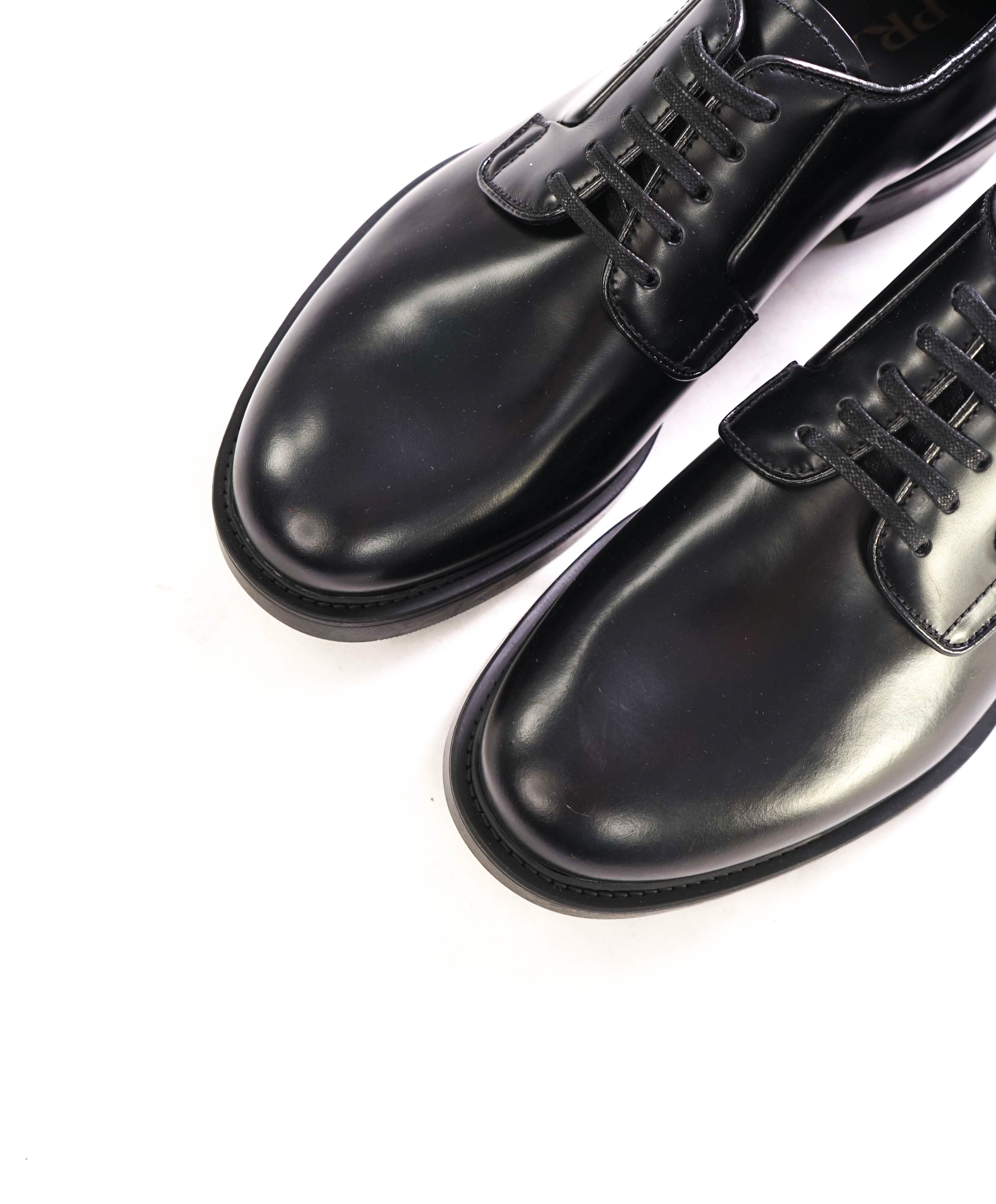 $1,150 PRADA - Black Brushed Polished Leather Derby Lace-Ups - 6.5 US (5.5 Prada)