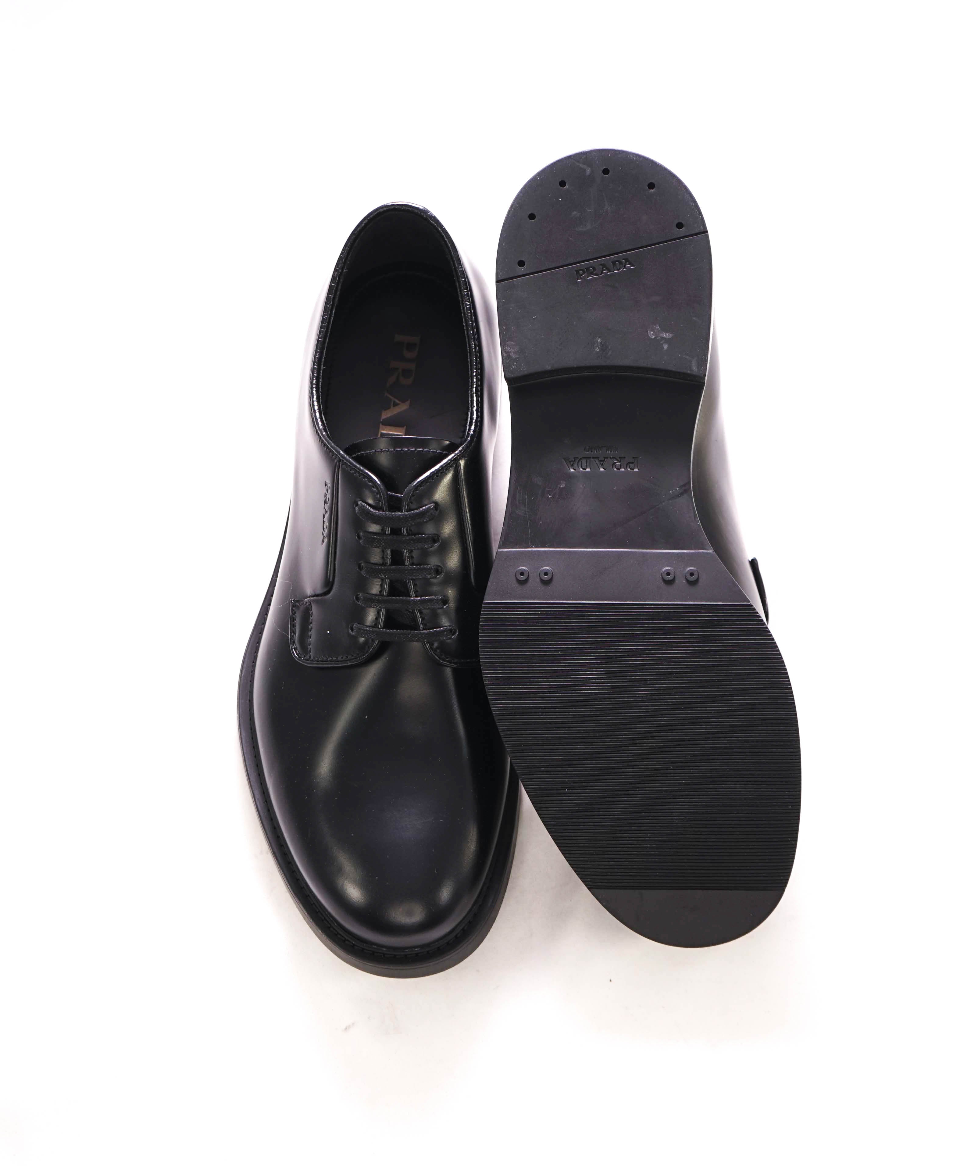 $1,150 PRADA - Black Brushed Polished Leather Derby Lace-Ups - 6.5 US (5.5 Prada)