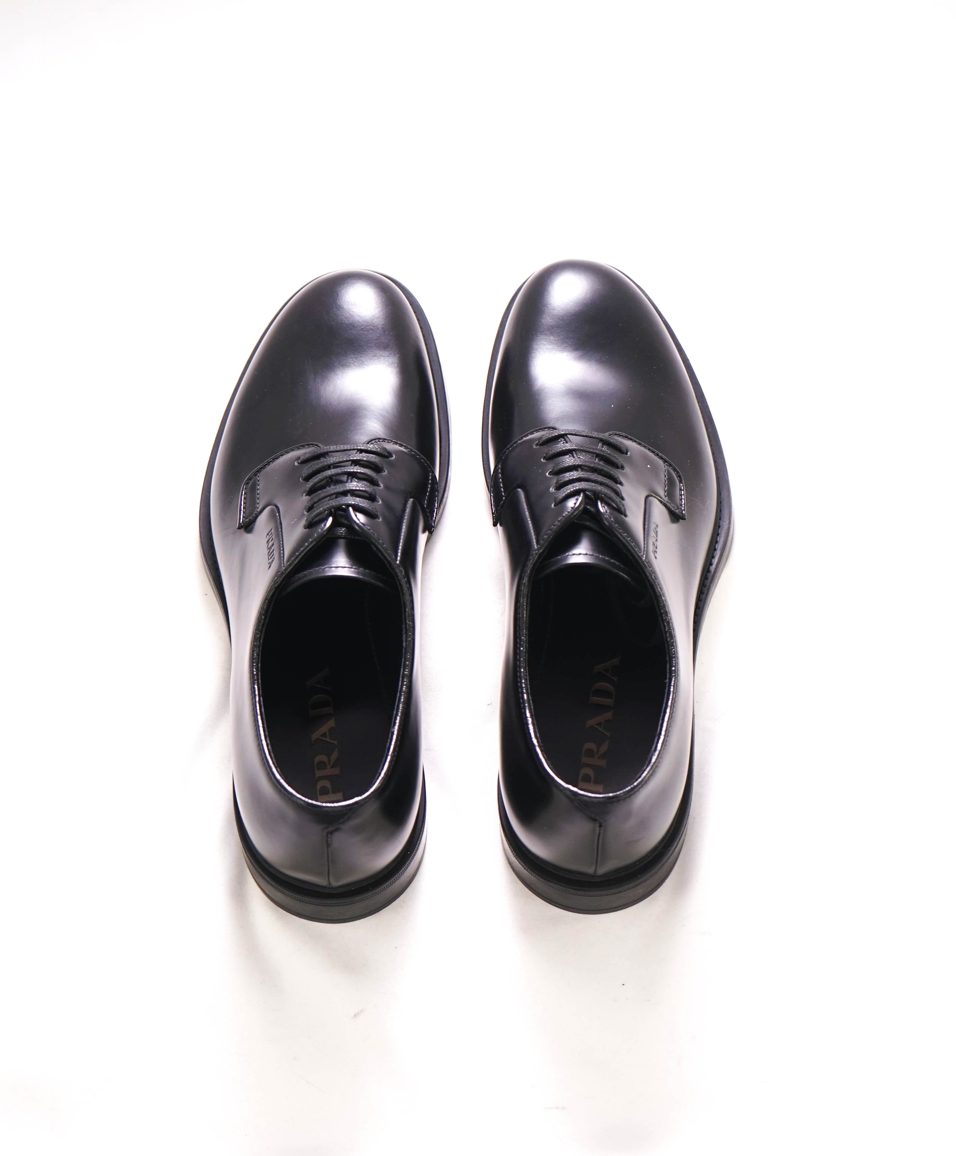 $1,150 PRADA - Black Brushed Polished Leather Derby Lace-Ups - 6.5 US (5.5 Prada)