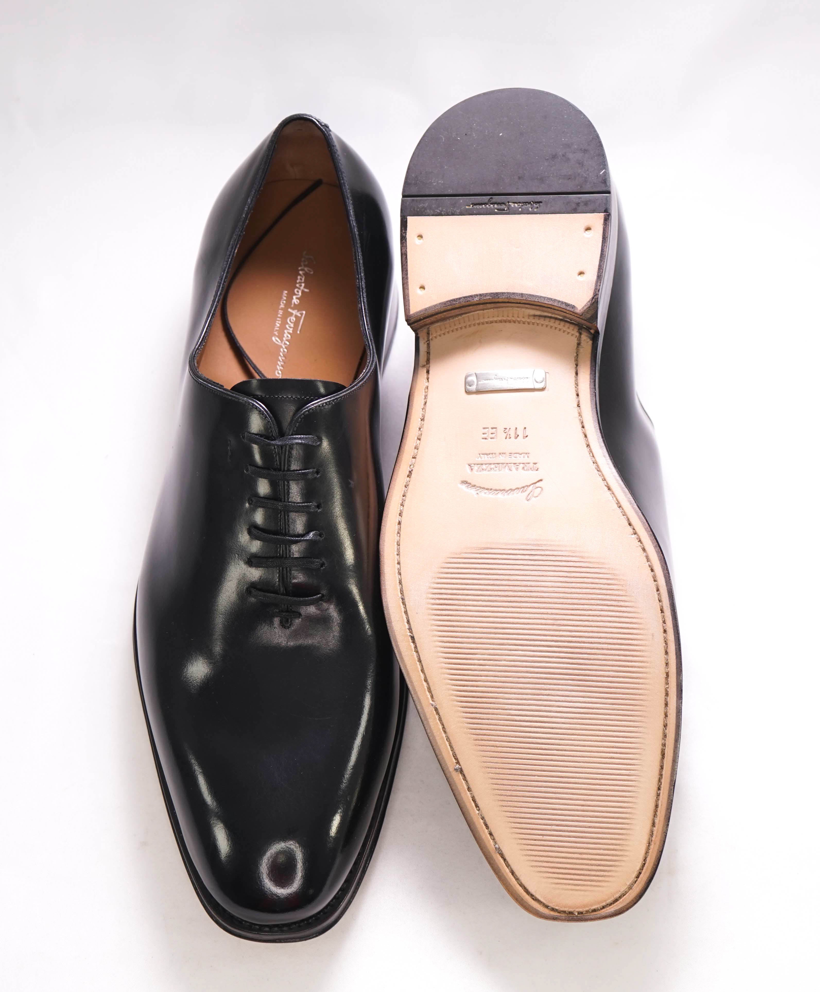 $1,395 SALVATORE FERRAGAMO - "CARMELO Tramezza" Black Whole-Cut Silhouette Oxfords - 11.5 EE