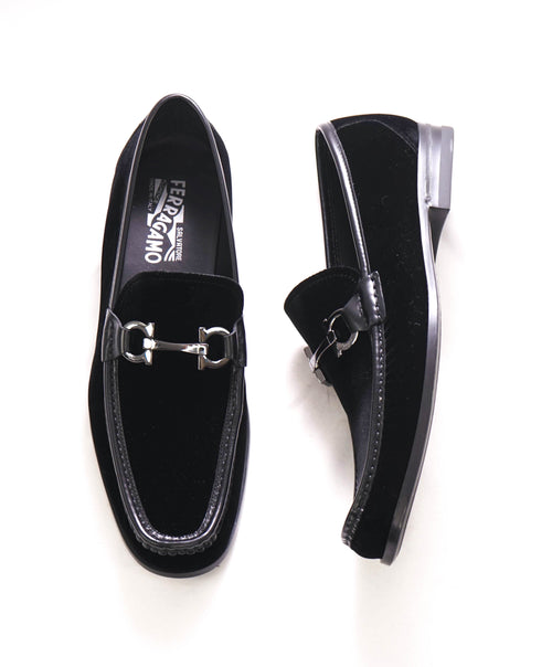 $895 SALVATORE FERRAGAMO - “GRANDIOSO" Gancini Bit Loafer Black Velvet Loafers - 10 E