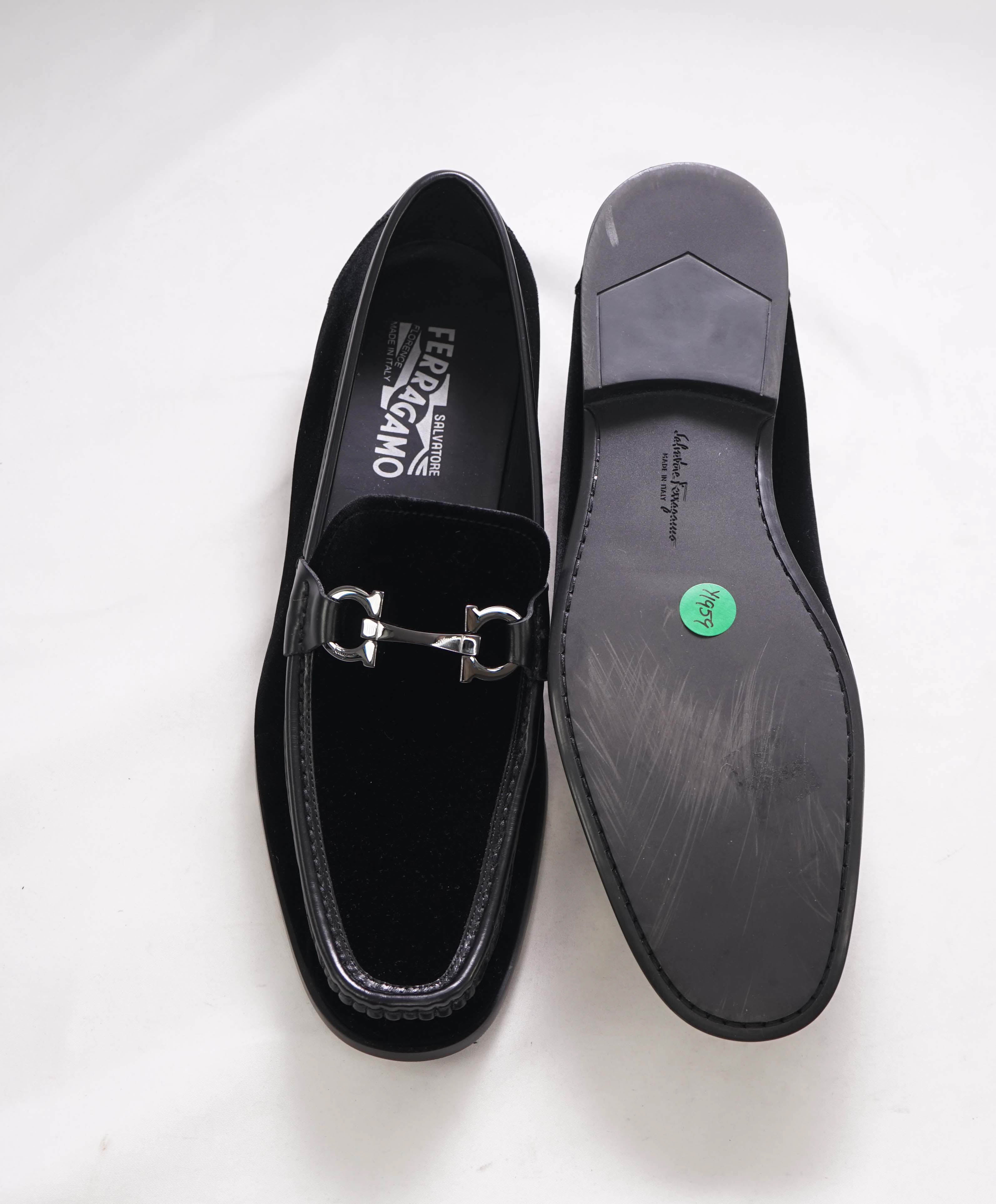 $895 SALVATORE FERRAGAMO - “GRANDIOSO" Gancini Bit Loafer Black Velvet Loafers - 10 E