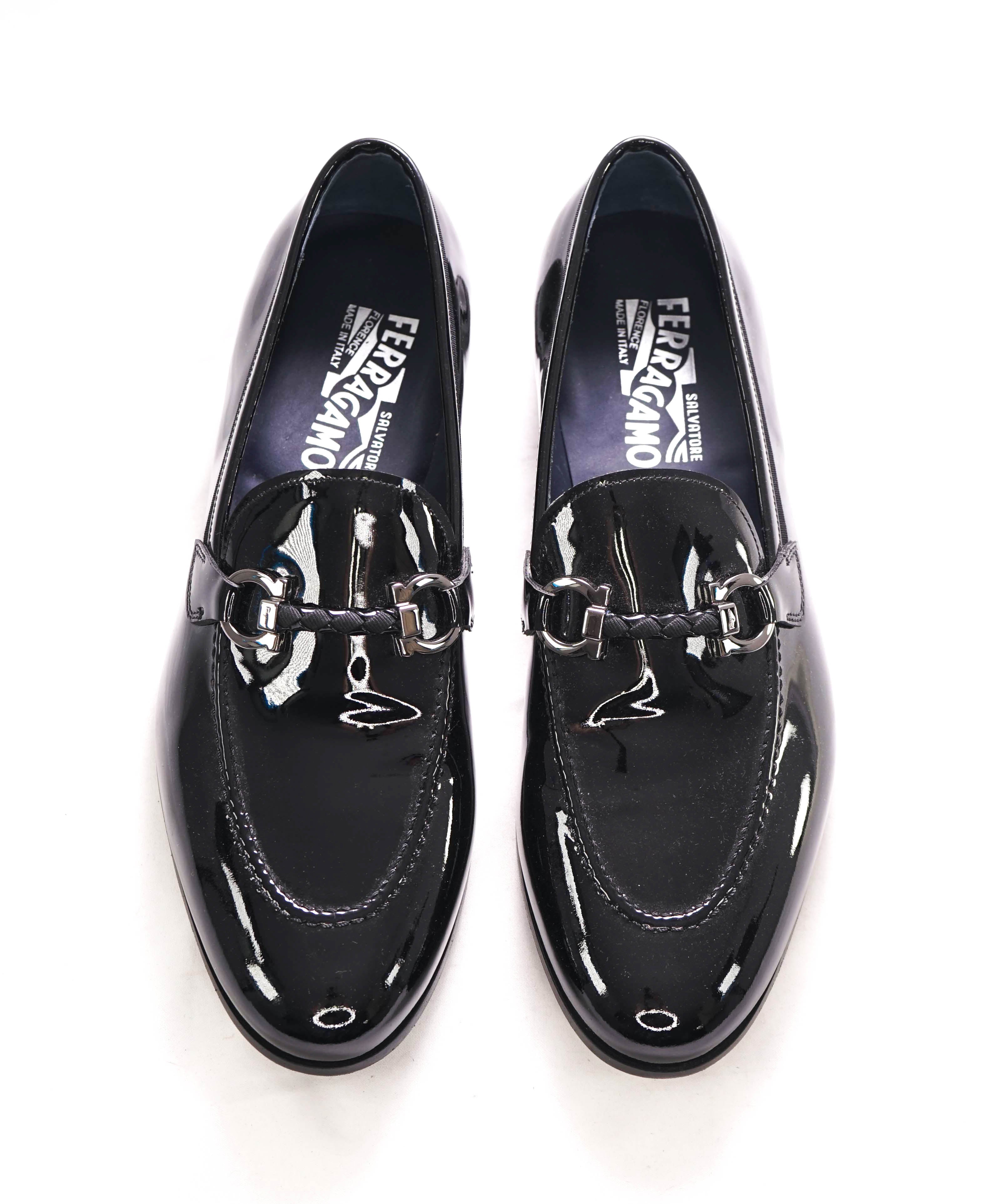 $950 SALVATORE FERRAGAMO - Patent Leather Braided Gancini Loafers W Full Sole Guard - 9 EE