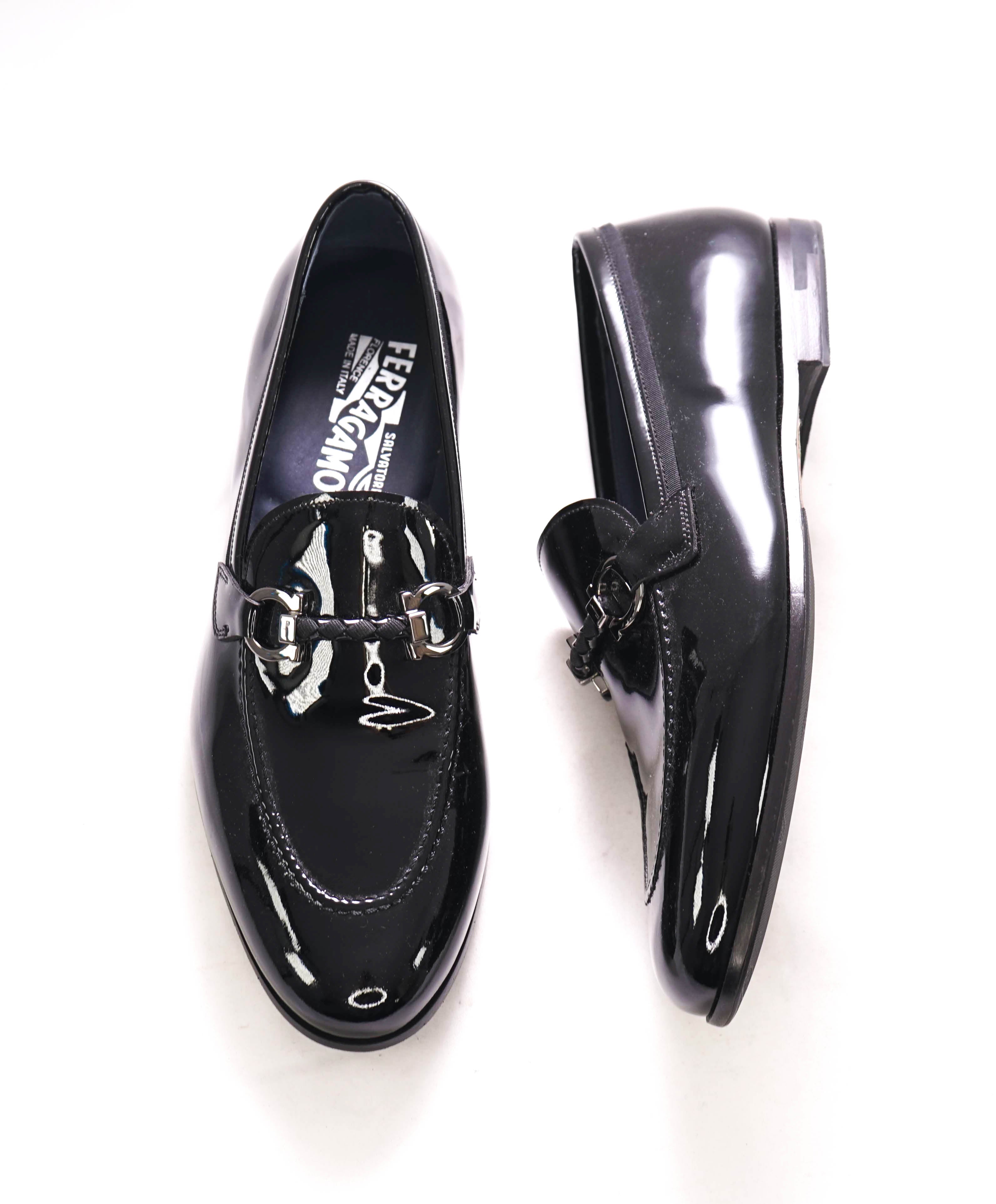 $950 SALVATORE FERRAGAMO - Patent Leather Braided Gancini Loafers W Full Sole Guard - 9 EE