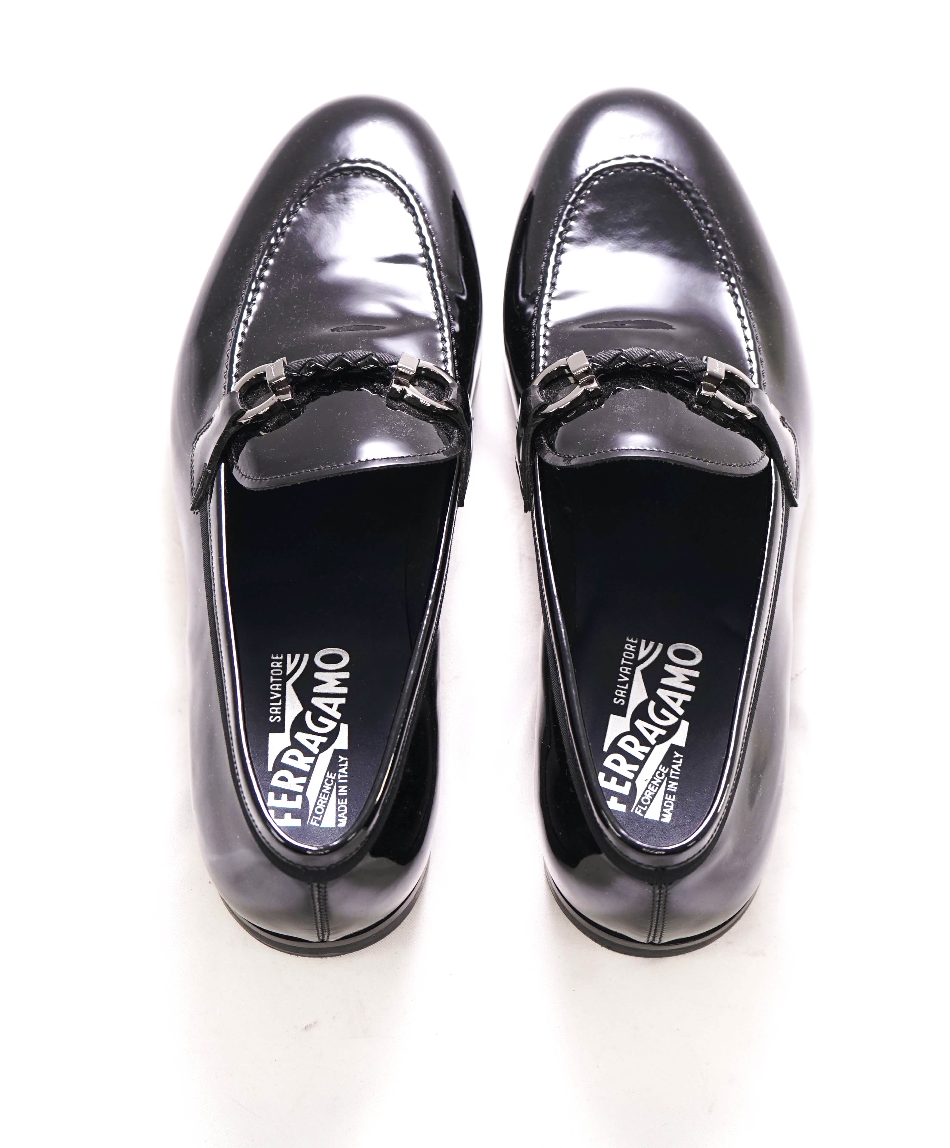 $950 SALVATORE FERRAGAMO - Patent Leather Braided Gancini Loafers W Full Sole Guard - 9 EE