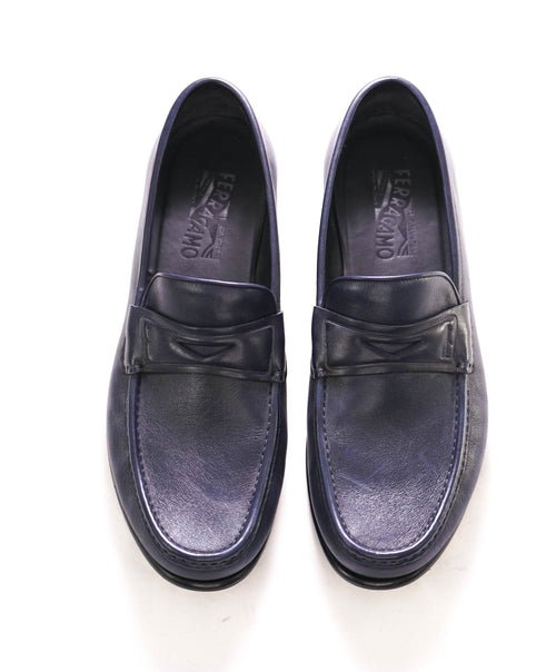 SALVATORE FERRAGAMO - Navy Blue LOGO Penny Loafers Round Toe - 11.5 EE US