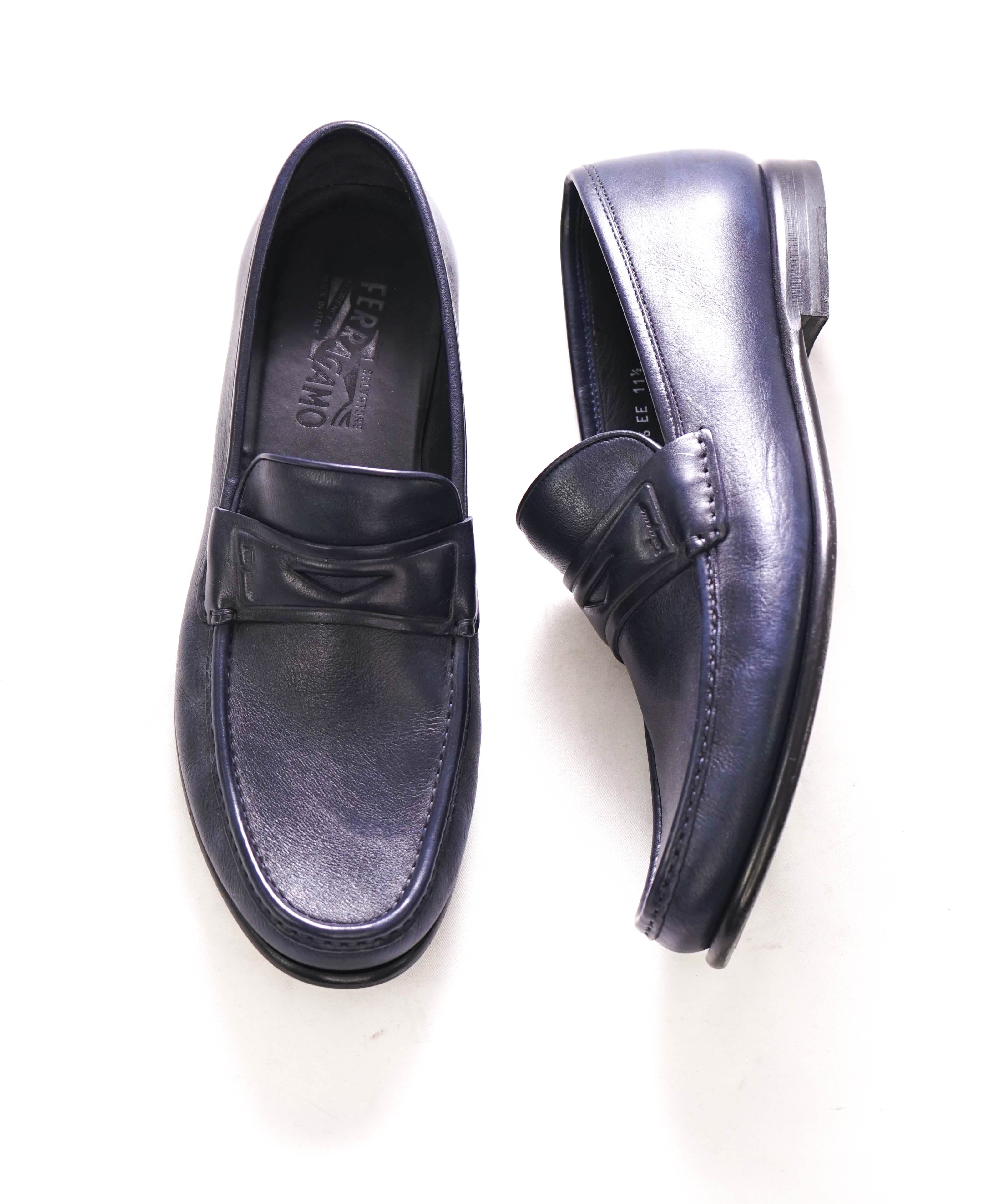 SALVATORE FERRAGAMO - Navy Blue LOGO Penny Loafers Round Toe - 11.5 EE US