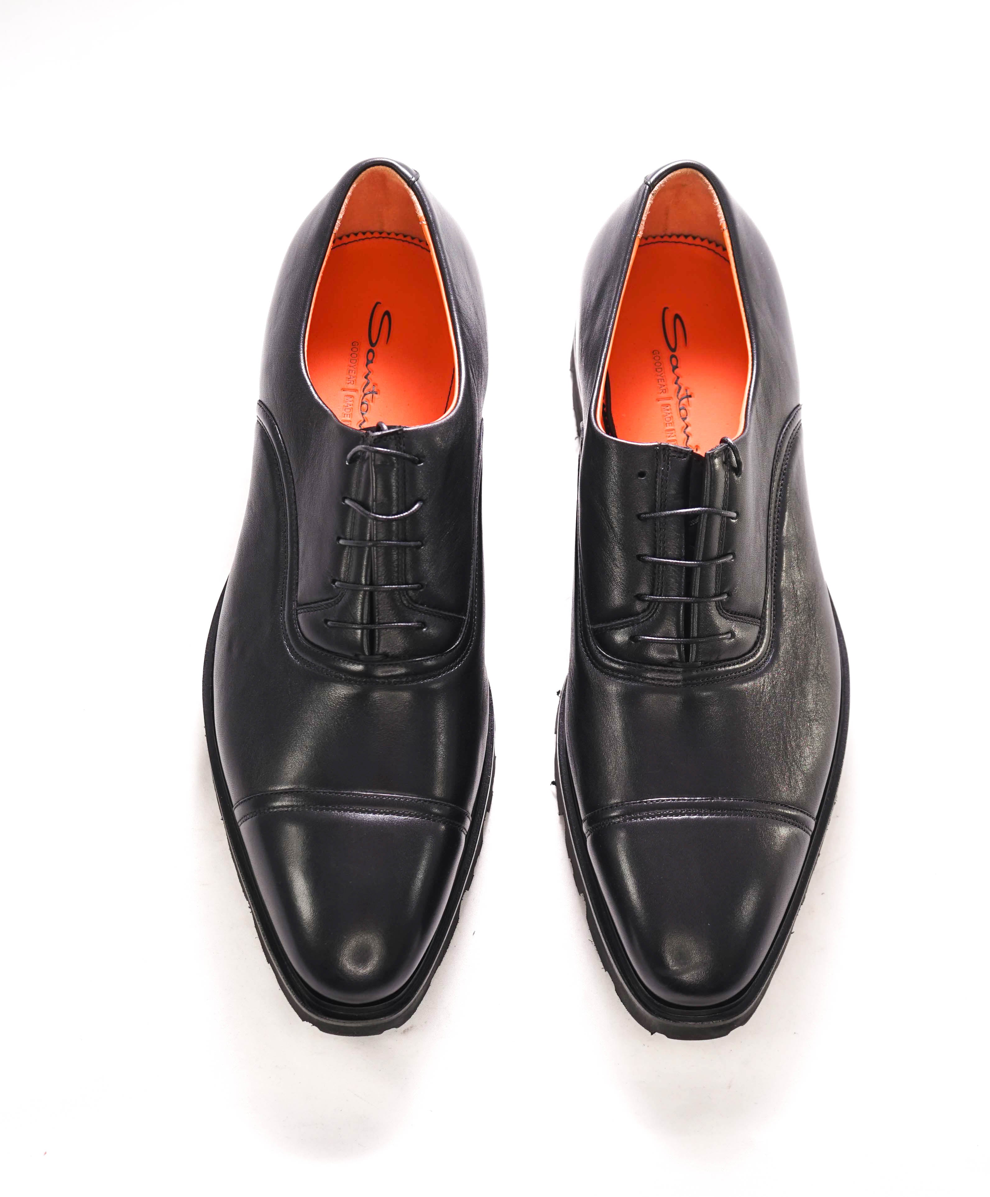 $1,250 SANTONI - Black Lug Sole Oxfords With Cap Toe - 12 US (11 UK)